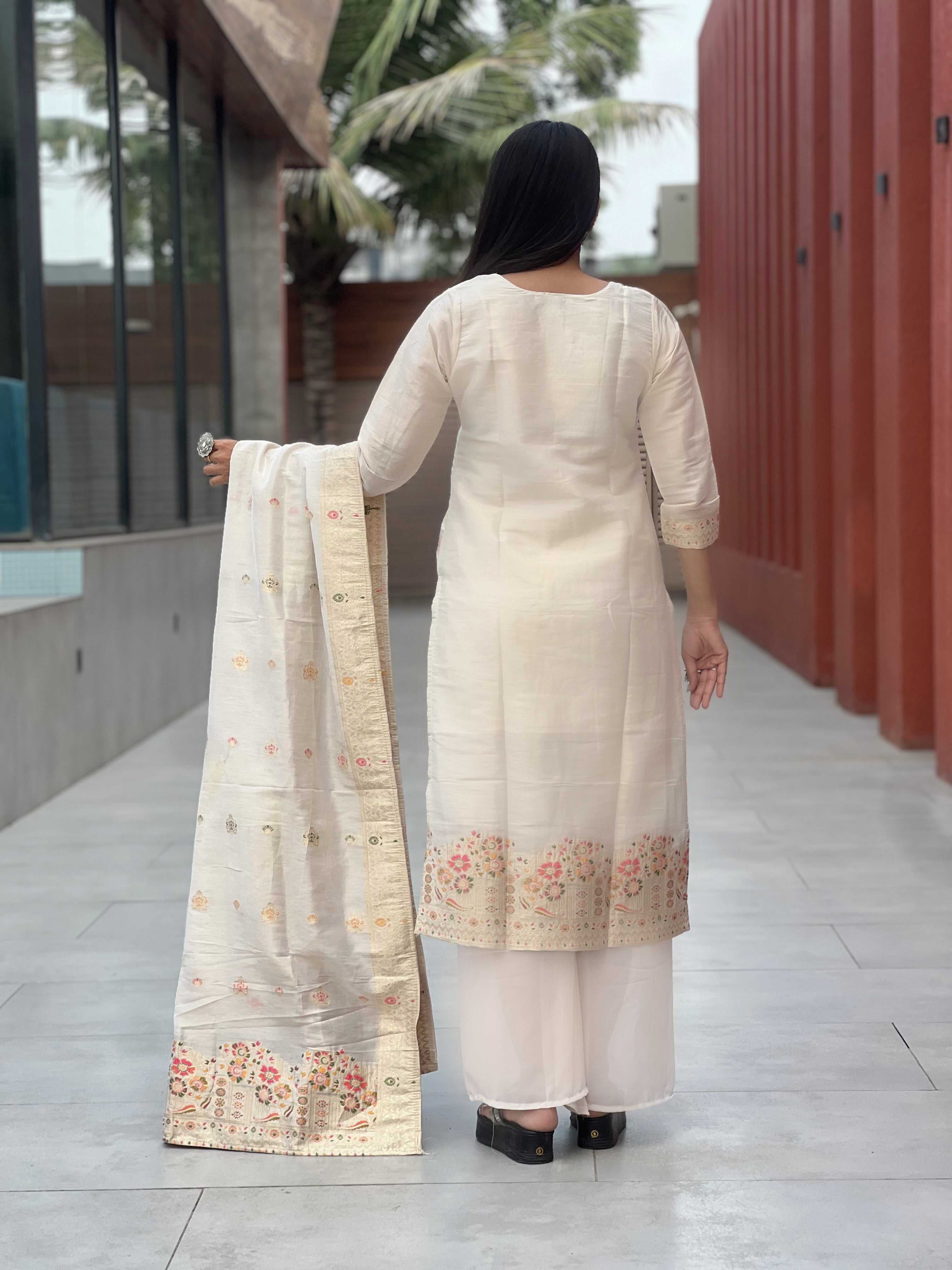 Gauri Ivory Embroidered Chanderi Suit Set