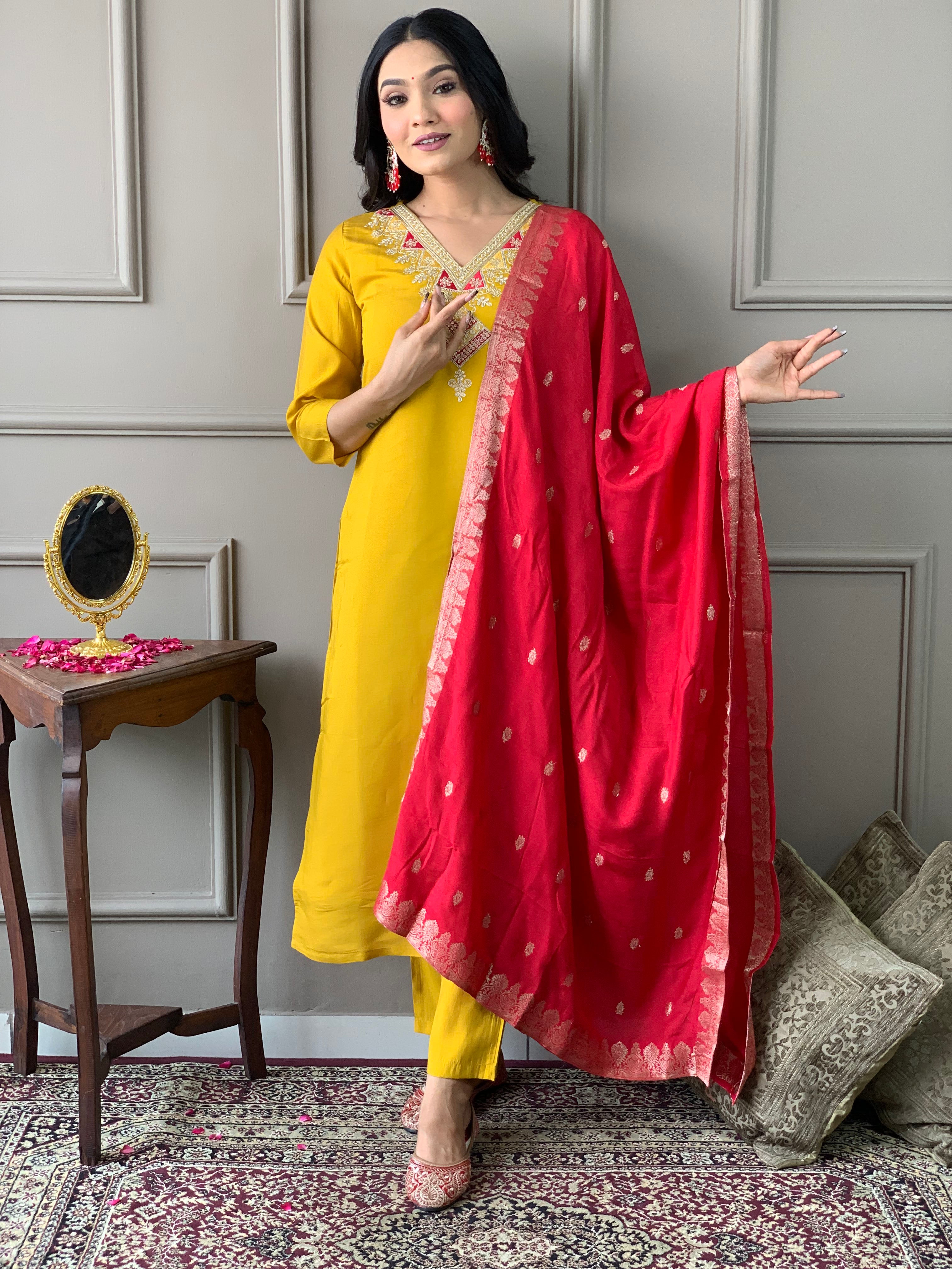 Kesar Roshni Embroidered Kurta Set with Banarasi Dupatta
