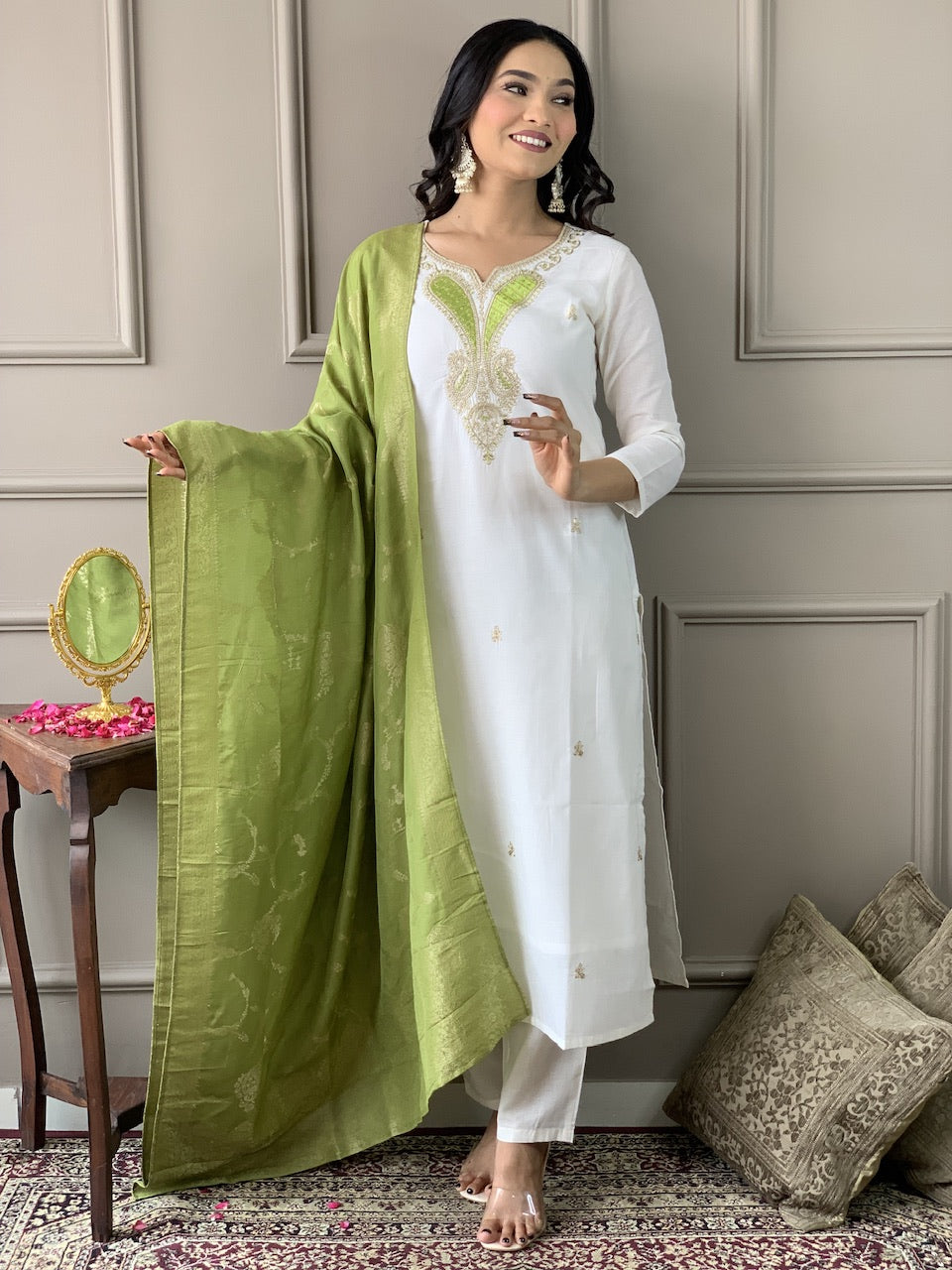 Ivory Lime Embroidered Kurta Set with Dupatta