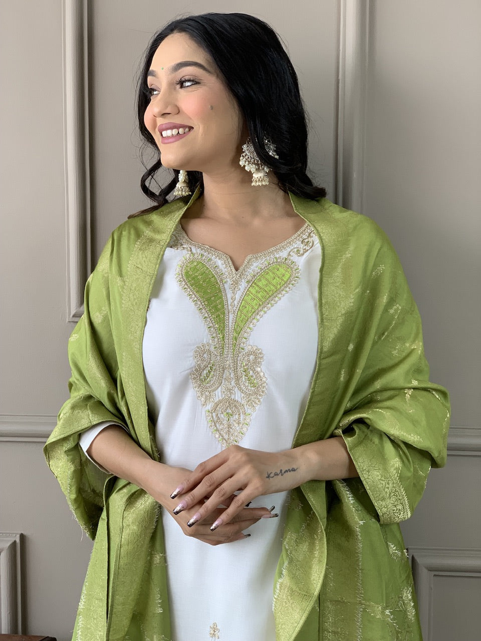 Ivory Lime Embroidered Kurta Set with Dupatta