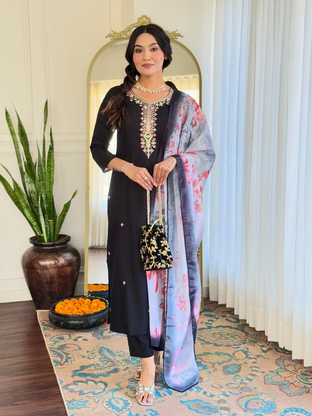 Midnight Blossom Embroidered Kurta Set with Dupatta