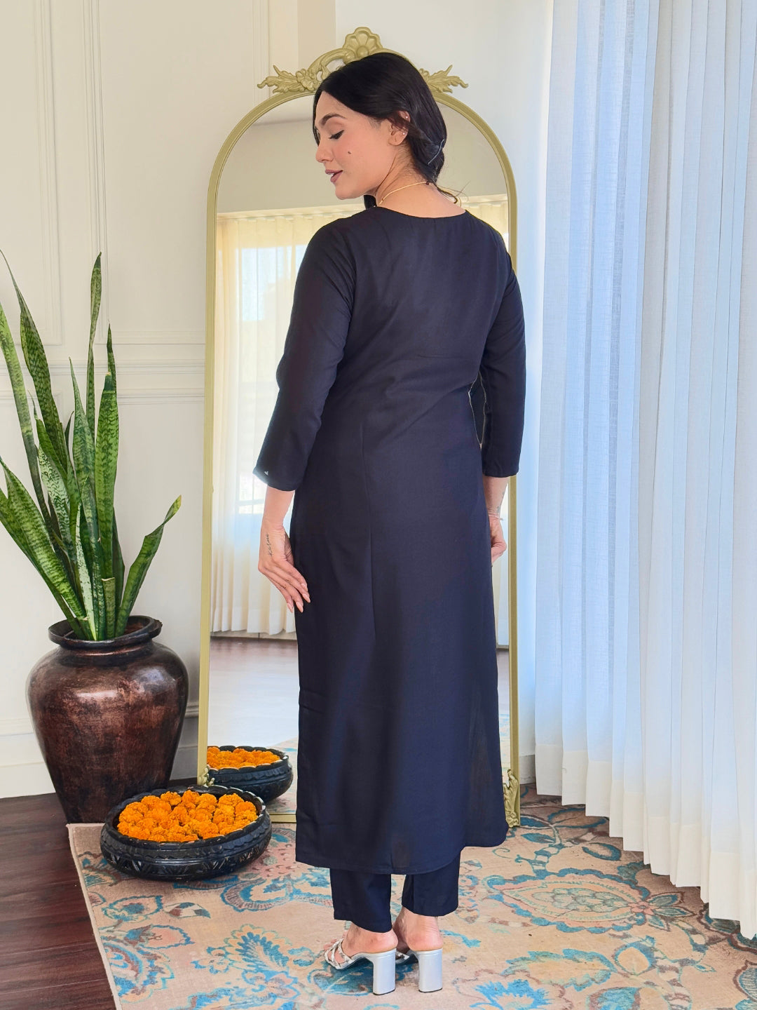 Midnight Blossom Embroidered Kurta Set with Dupatta