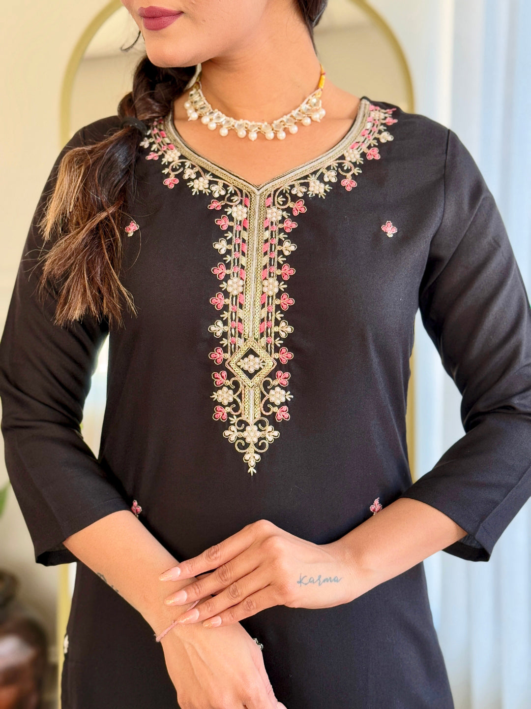 Midnight Blossom Embroidered Kurta Set with Dupatta