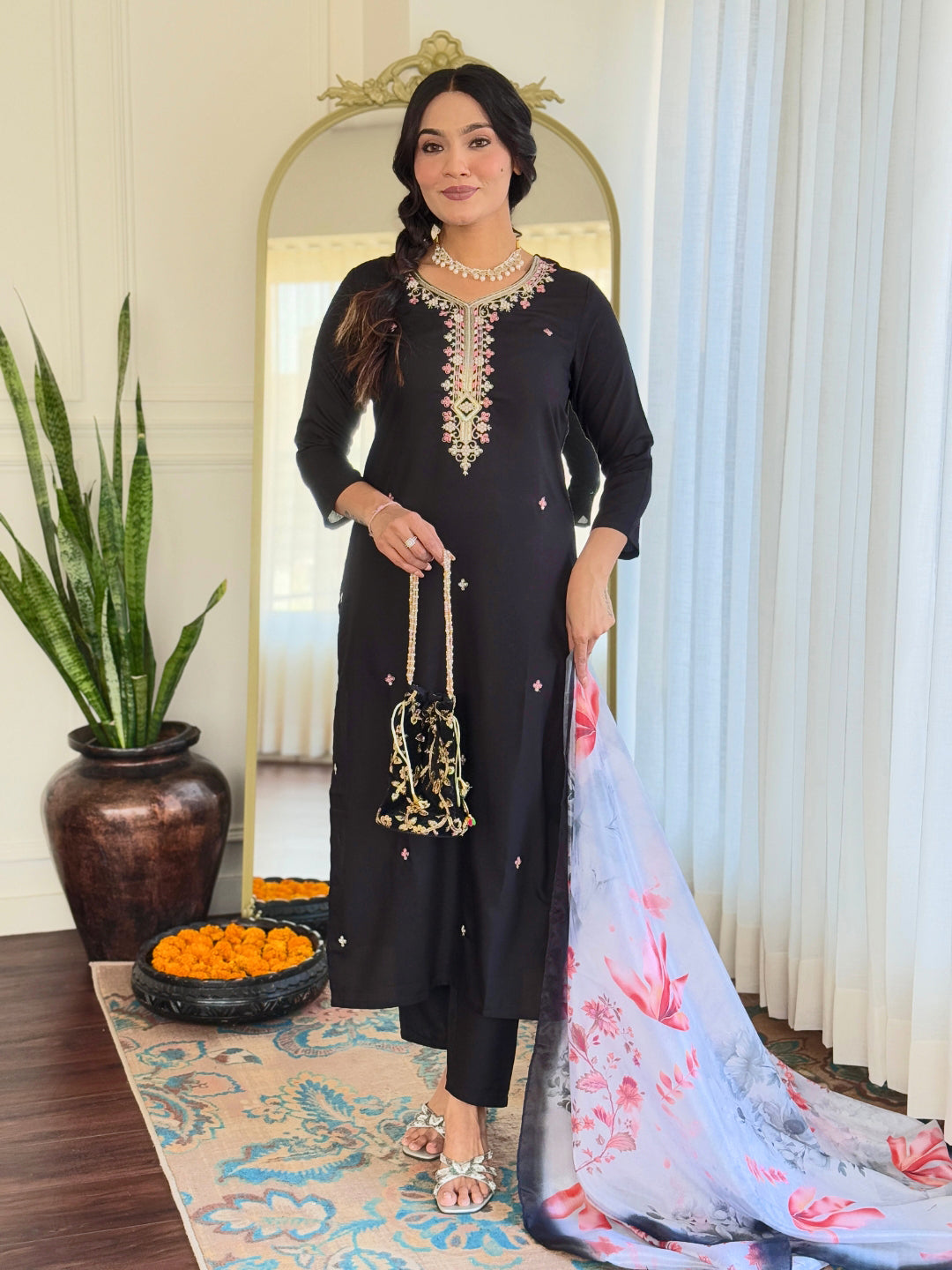 Midnight Blossom Embroidered Kurta Set with Dupatta