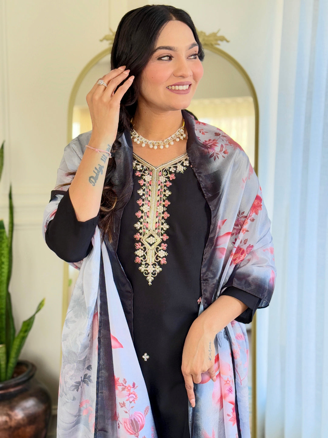 Midnight Blossom Embroidered Kurta Set with Dupatta