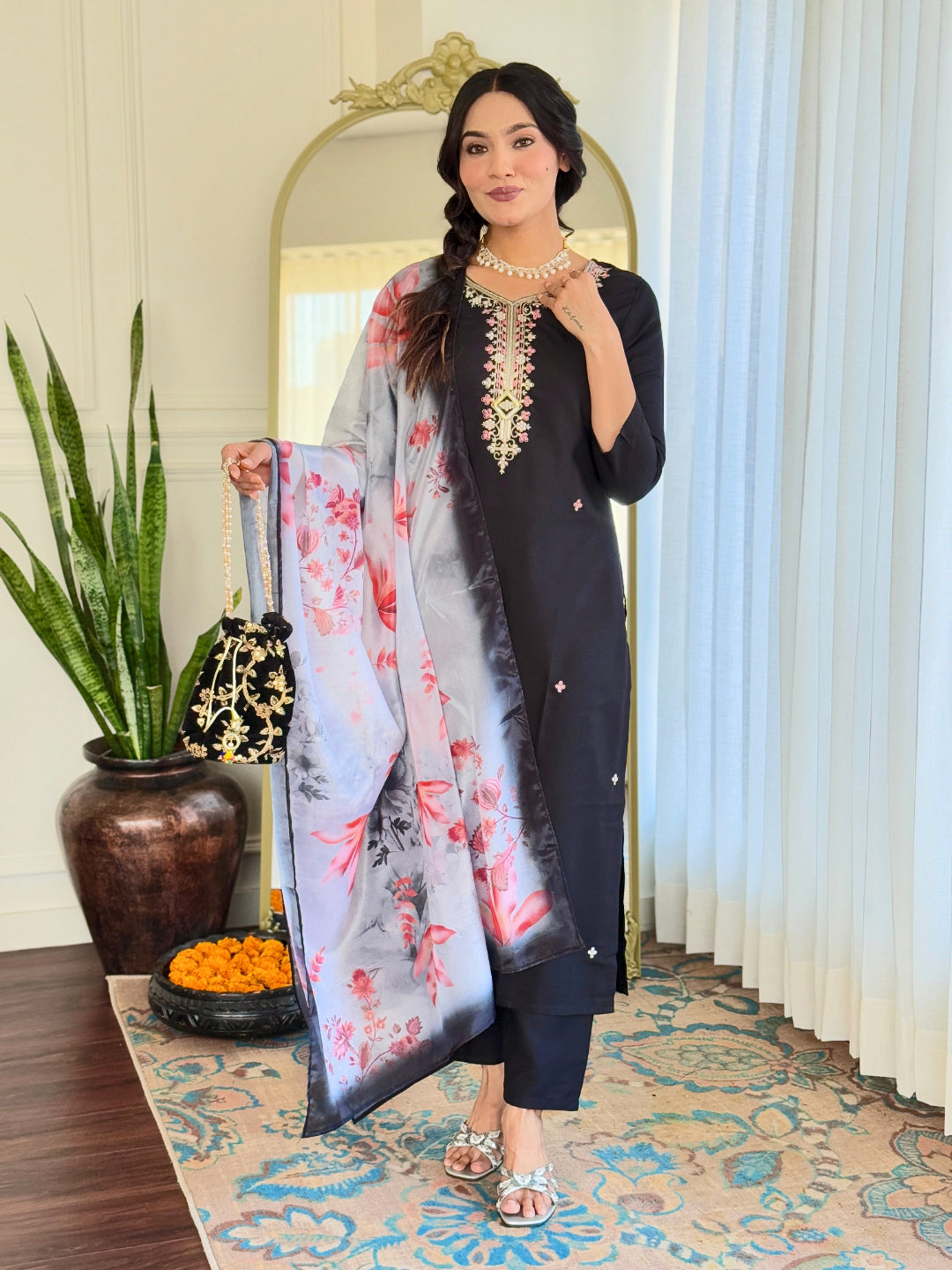 Midnight Blossom Embroidered Kurta Set with Dupatta