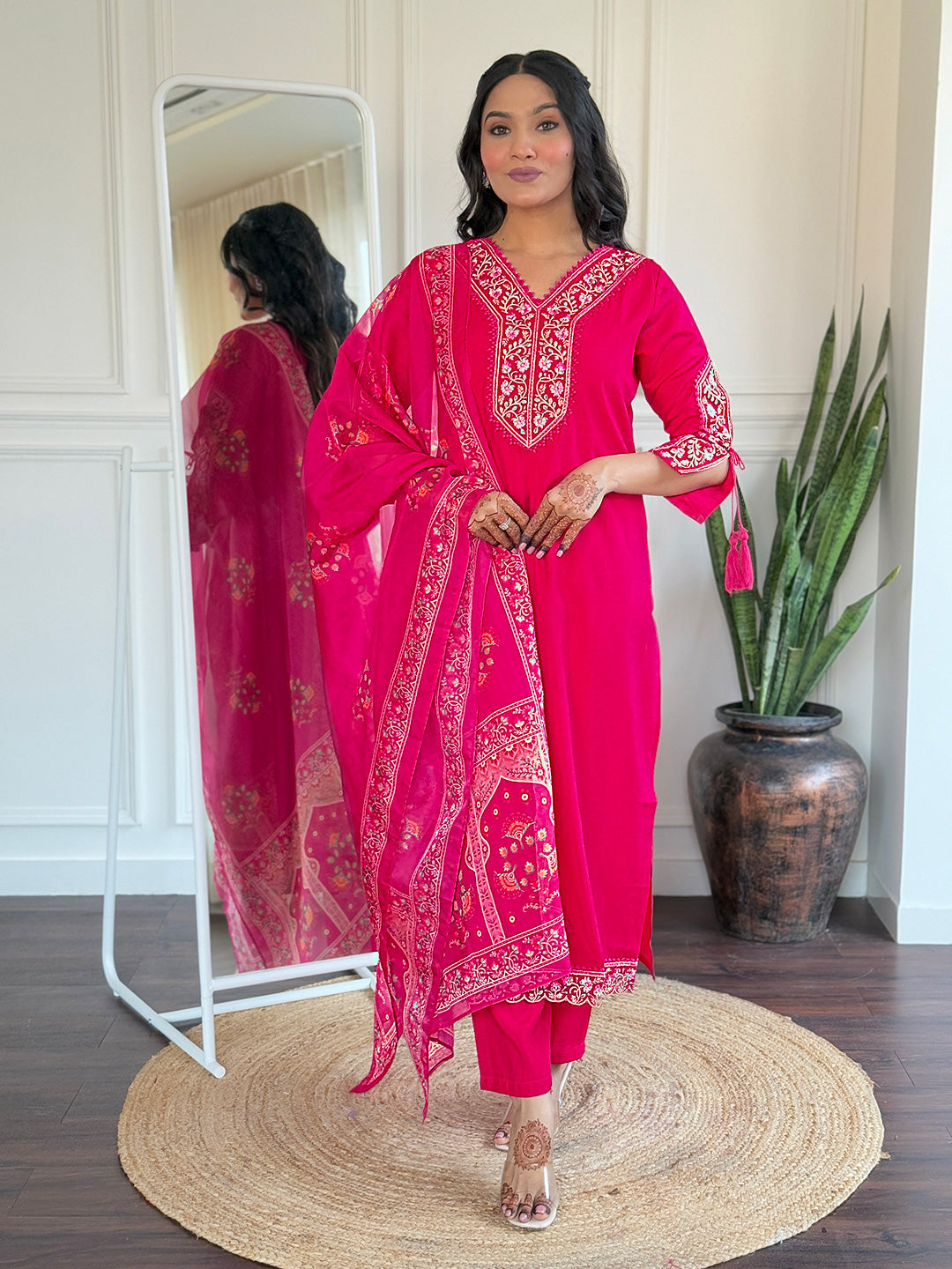 Rani Pink Heritage Embroidered Kurta Set with Dupatta