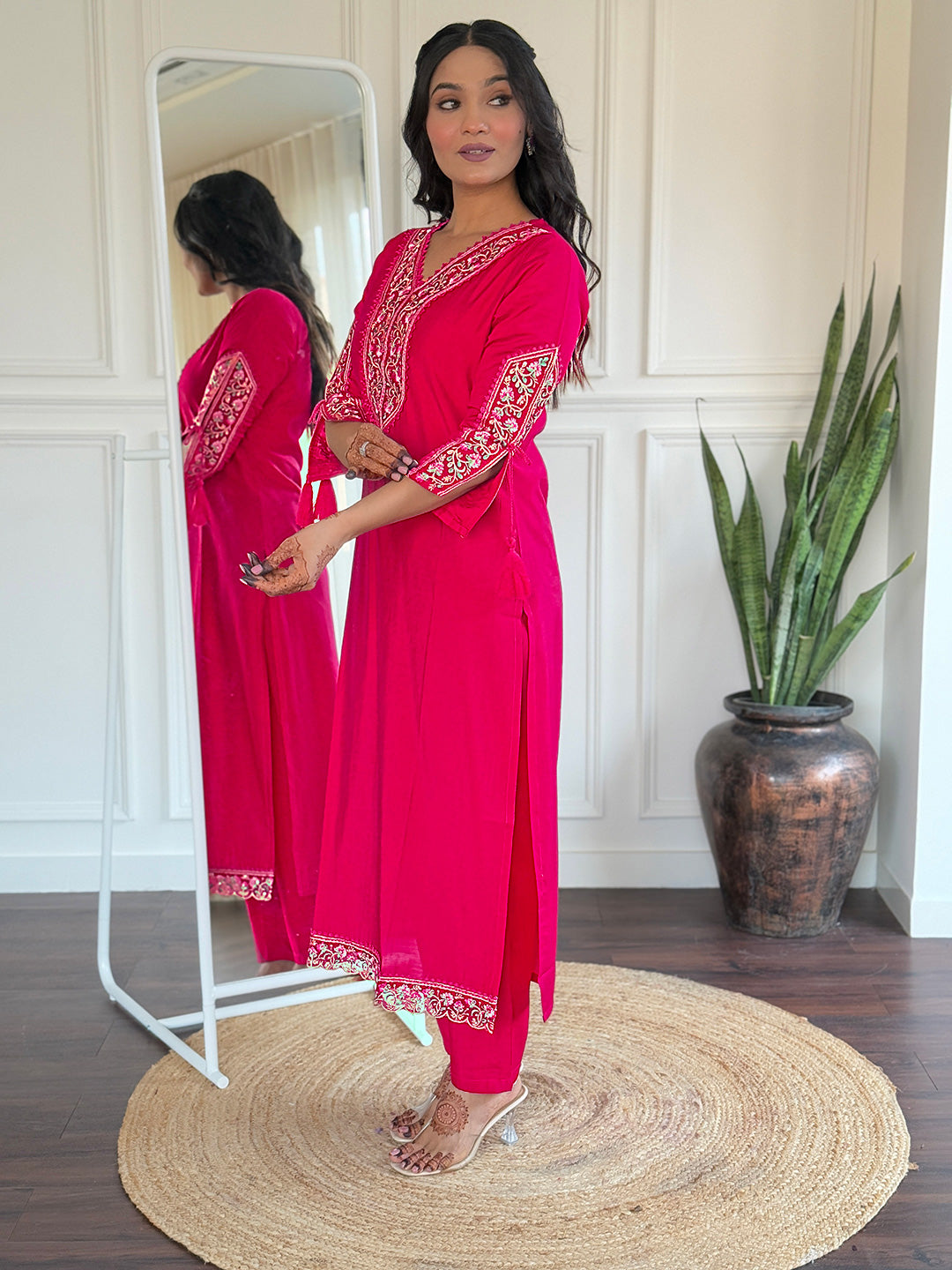 Rani Pink Heritage Embroidered Kurta Set with Dupatta
