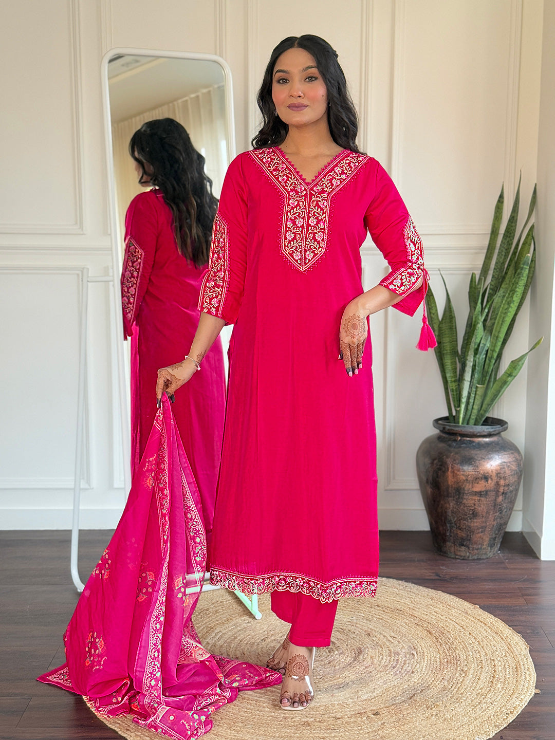 Rani Pink Heritage Embroidered Kurta Set with Dupatta