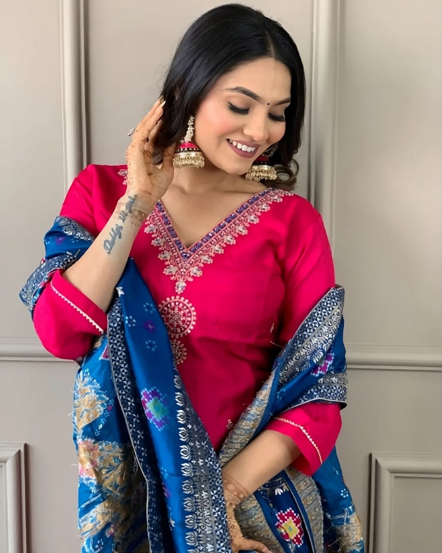 Women’s Viscose Chanderi Embroidered Straight Kurta Set with Jacquard Dupatta