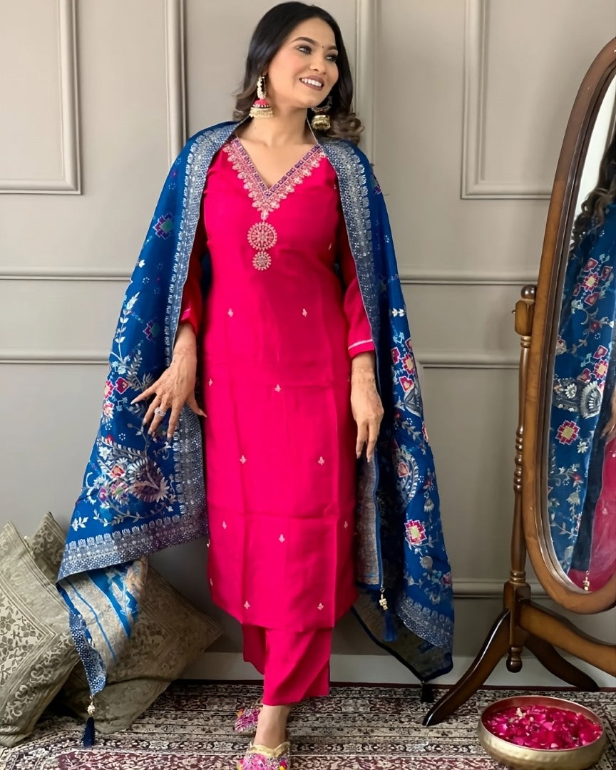 Women’s Viscose Chanderi Embroidered Straight Kurta Set with Jacquard Dupatta