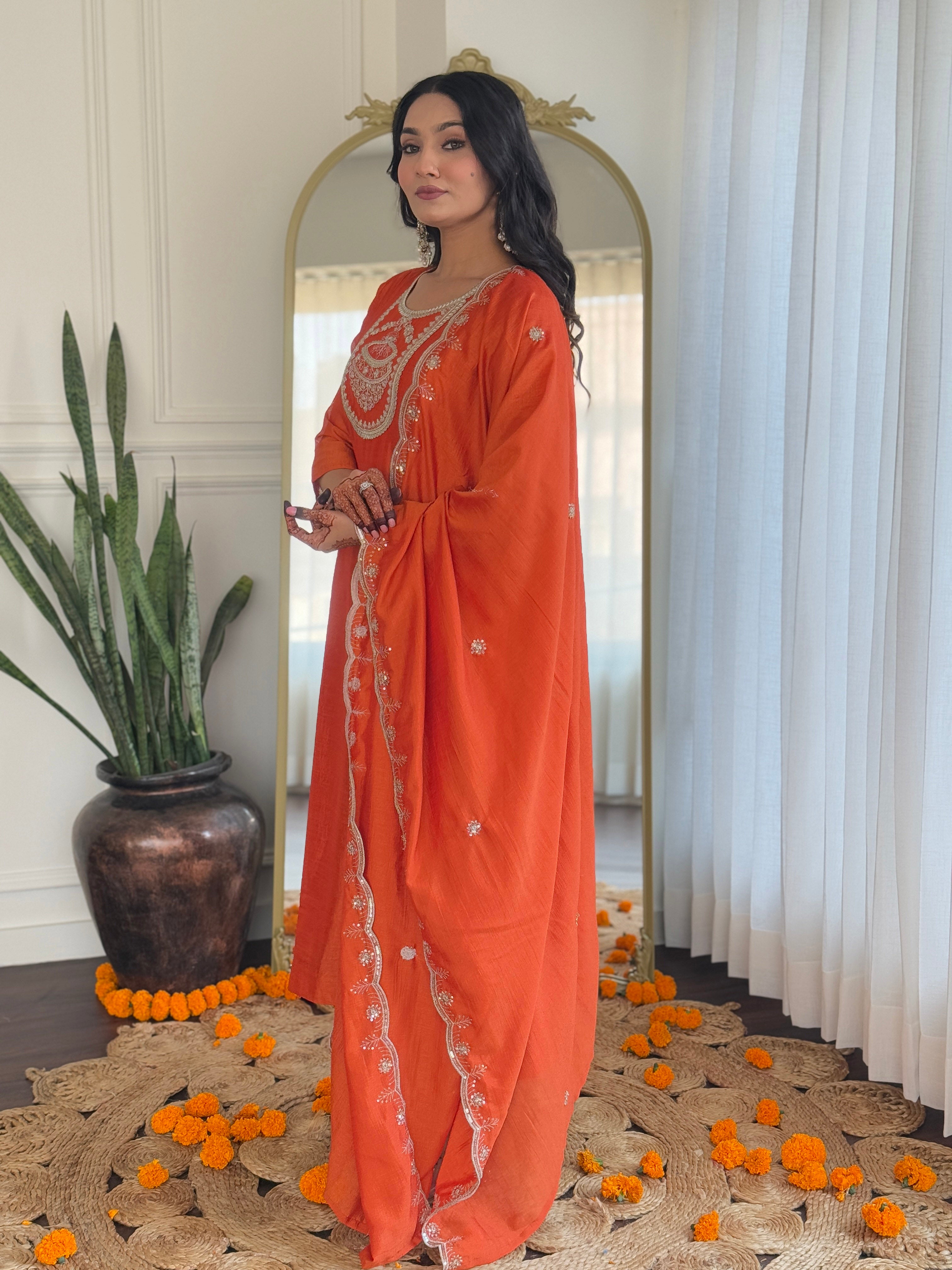 Women's Orange Vichitra Silk Embroidered Straight Kurta with Rayon Pant And Vichitra Silk Embroidered Dupatta Sets