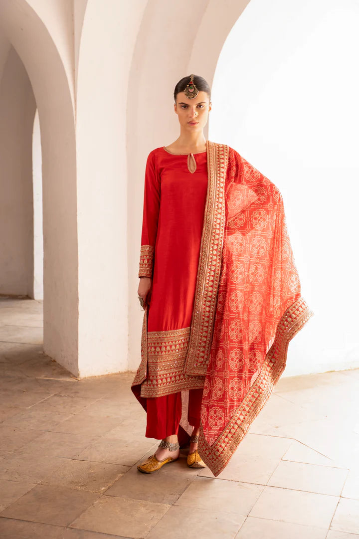 Sindoori Aangan Embroidered Kurta Set with Handcrafted Dupatta