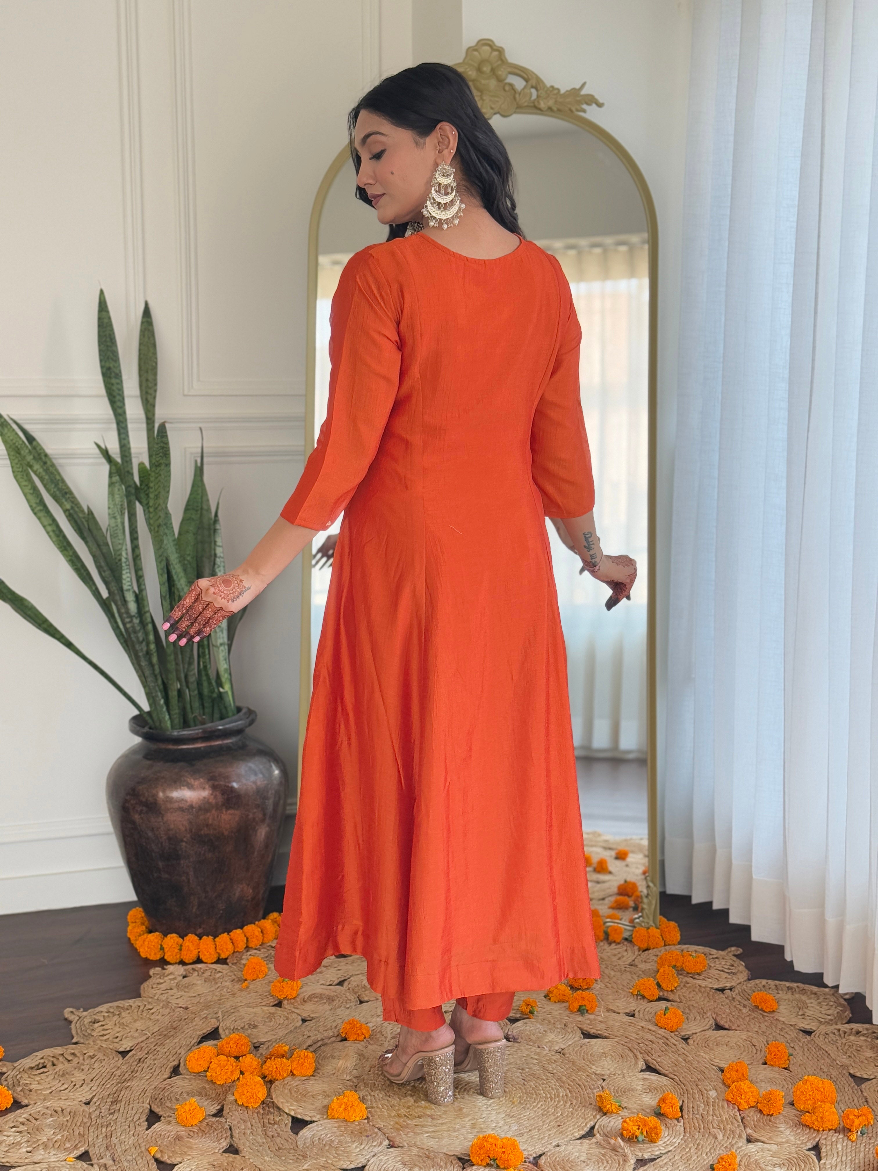 Women's Orange Vichitra Silk Embroidered Straight Kurta with Rayon Pant And Vichitra Silk Embroidered Dupatta Sets