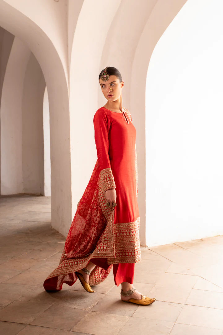 Sindoori Aangan Embroidered Kurta Set with Handcrafted Dupatta
