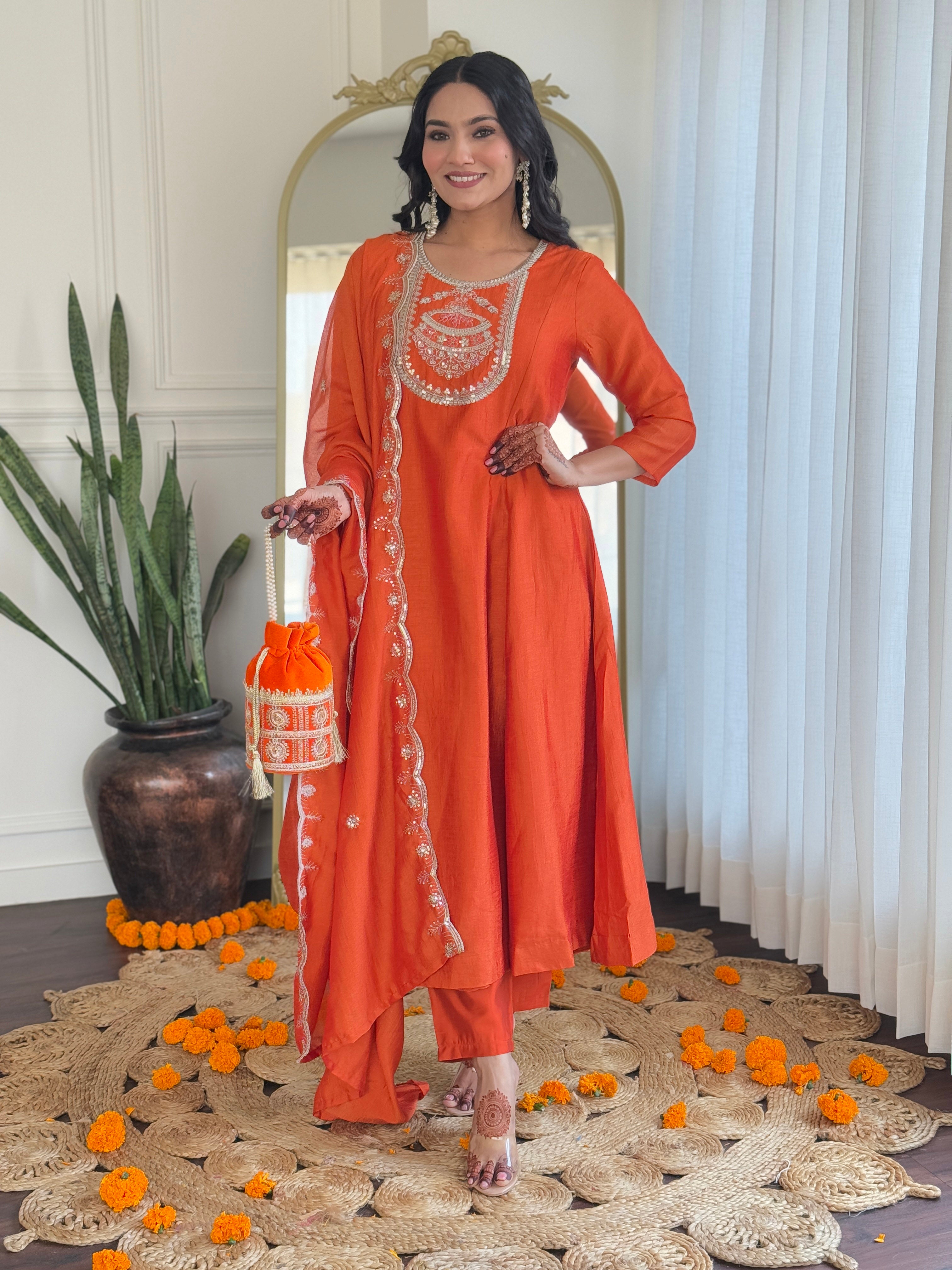 Women's Orange Vichitra Silk Embroidered Straight Kurta with Rayon Pant And Vichitra Silk Embroidered Dupatta Sets