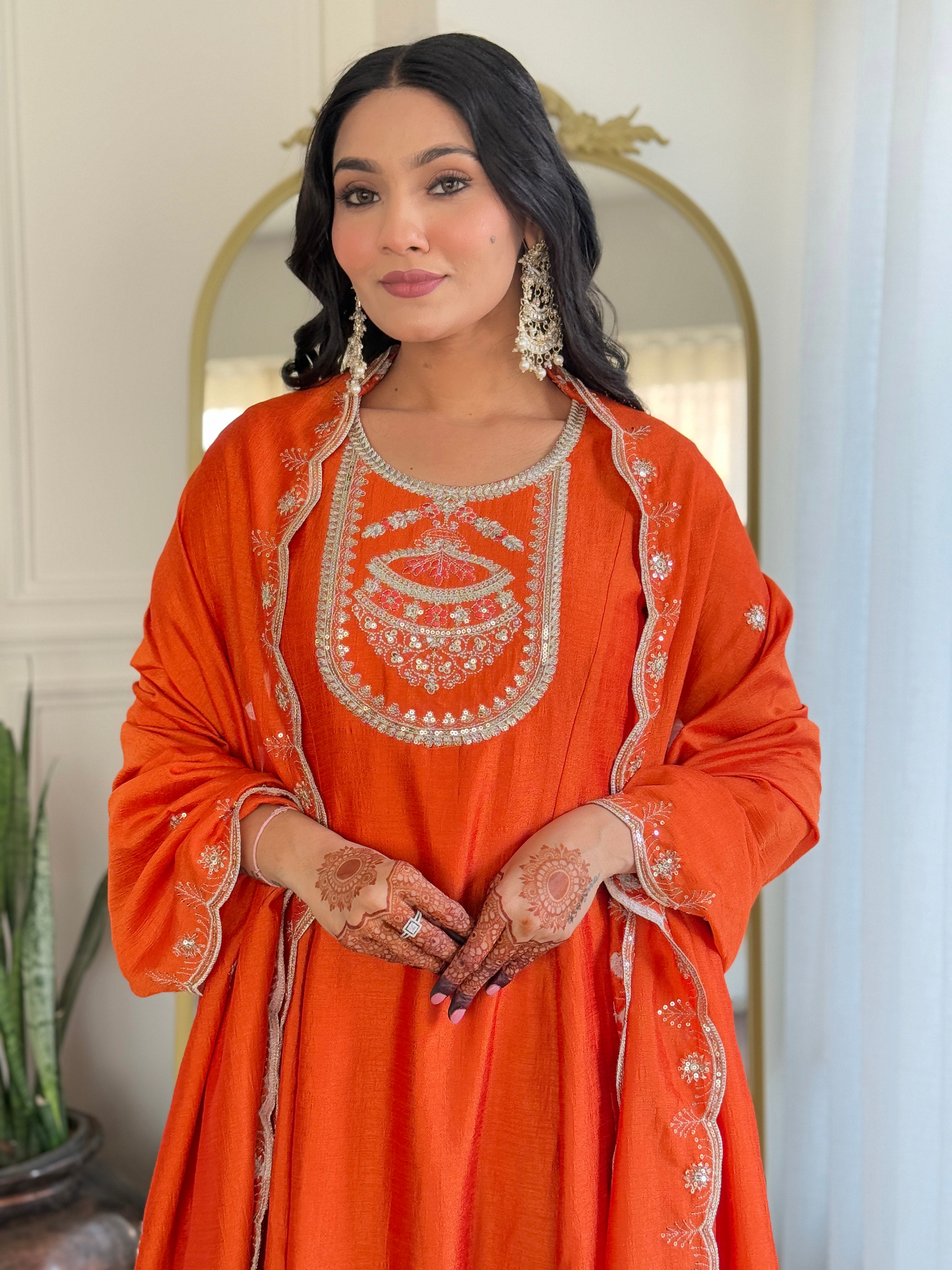 Women's Orange Vichitra Silk Embroidered Straight Kurta with Rayon Pant And Vichitra Silk Embroidered Dupatta Sets