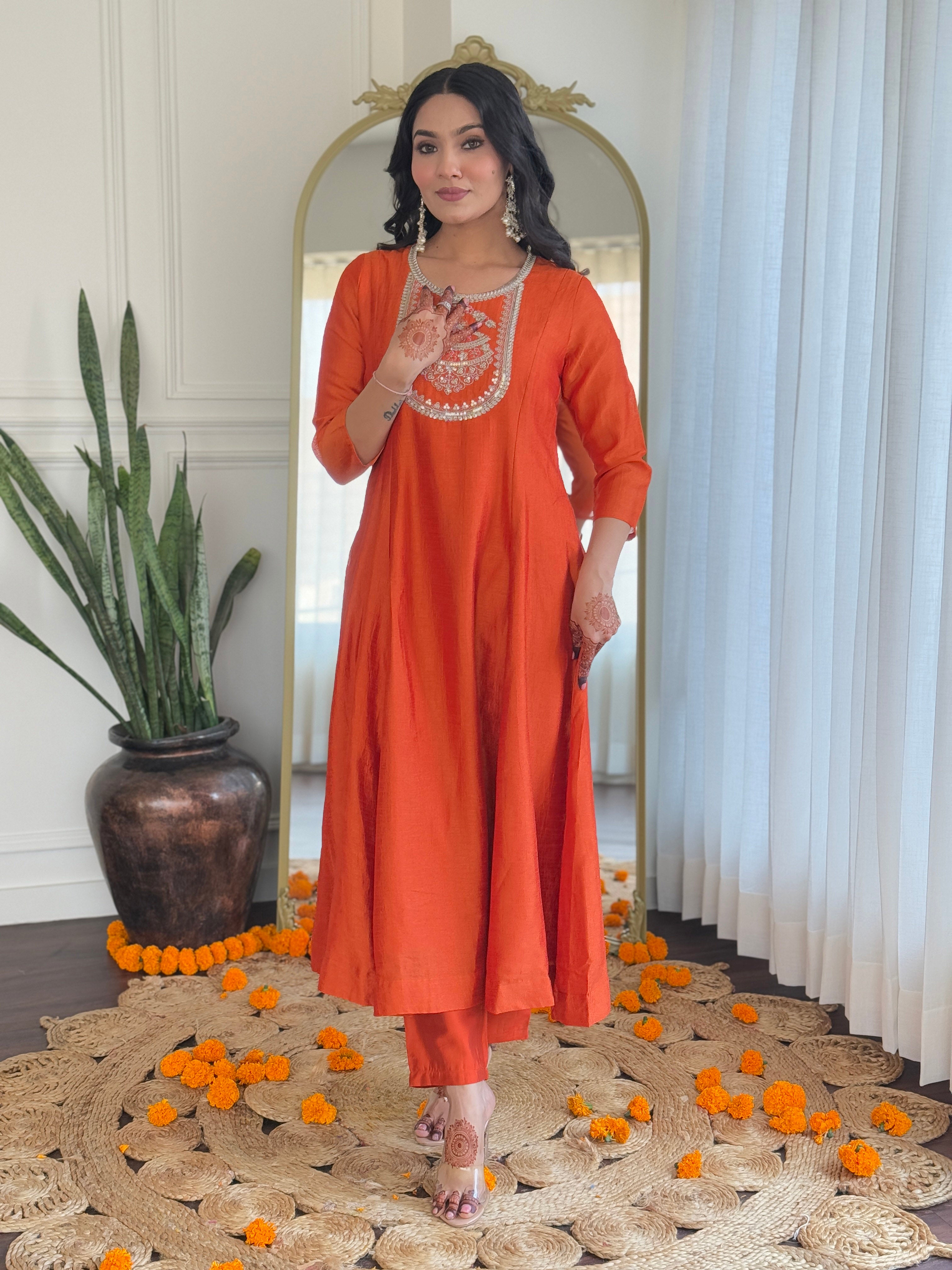 Women's Orange Vichitra Silk Embroidered Straight Kurta with Rayon Pant And Vichitra Silk Embroidered Dupatta Sets