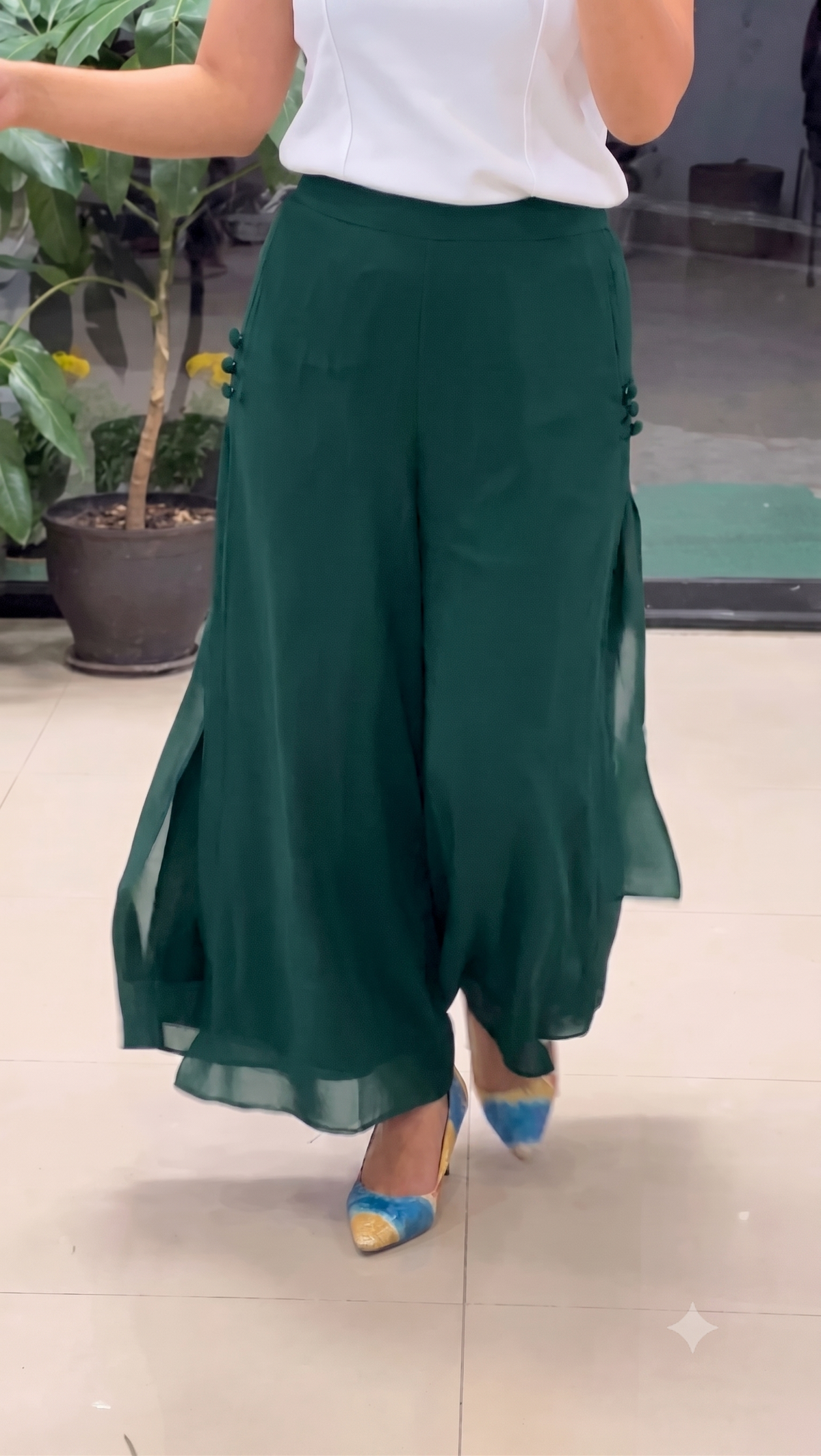 Women's Bottle Green Georgette Split Wide-Leg Palazzo Pants | High-Waist Fusion Trousers