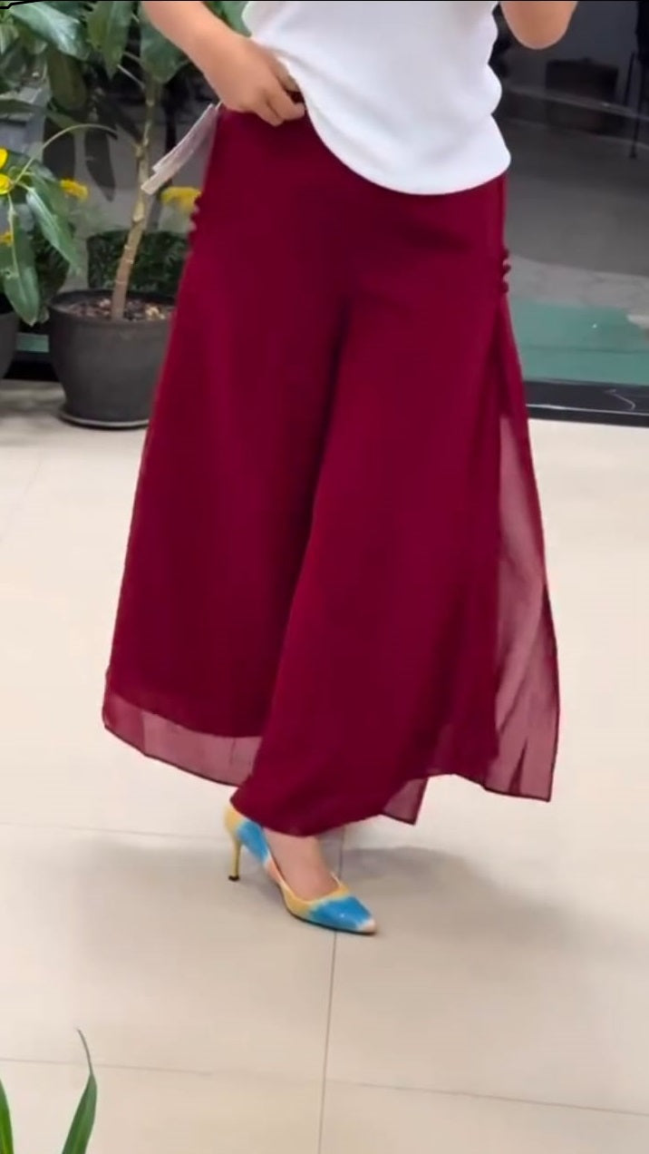 Women's Maroon Georgette Split Wide-Leg Palazzo Pants | High-Waist Fusion Trousers