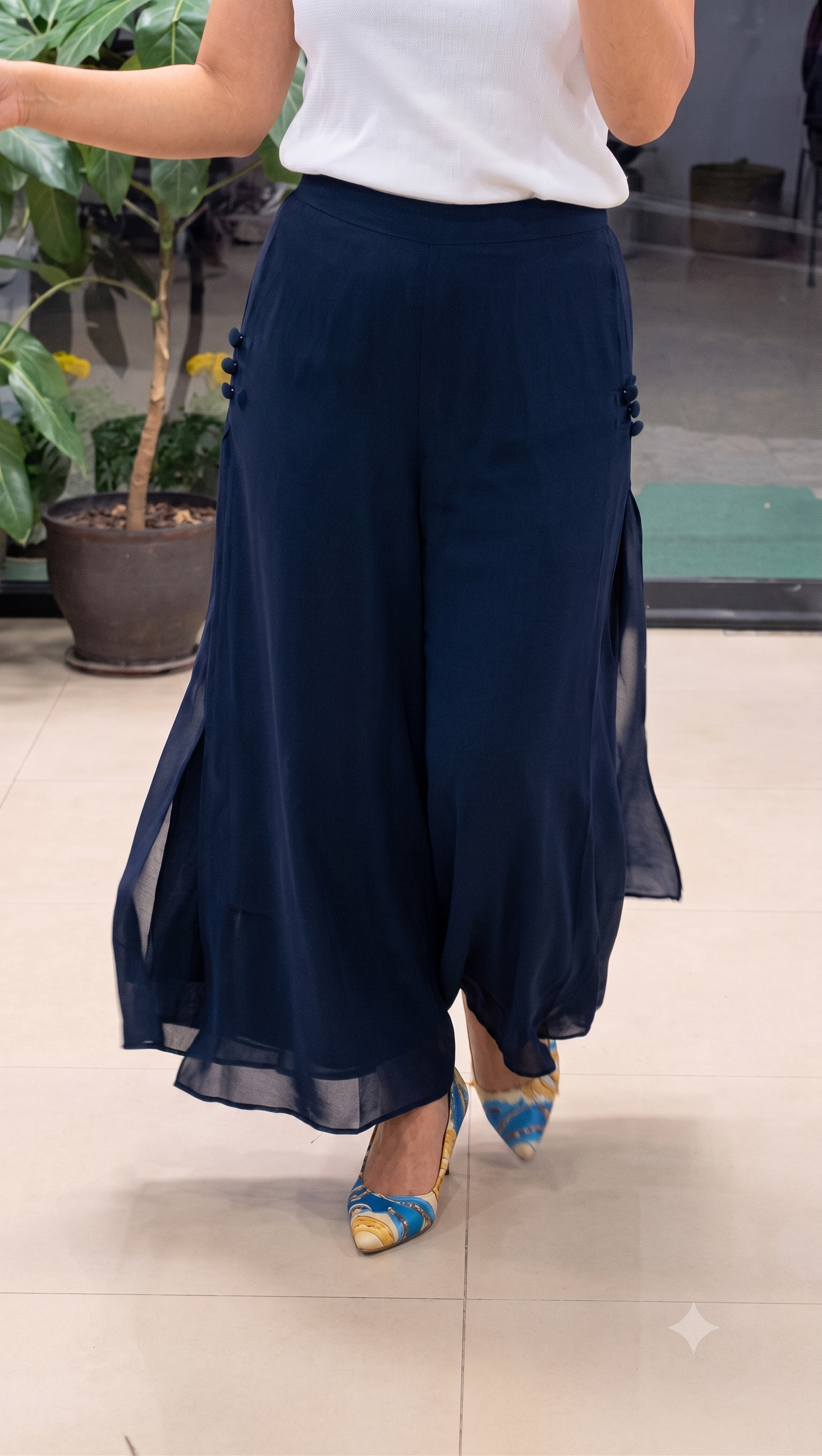 Women's Navy Georgette Split Wide-Leg Palazzo Pants | High-Waist Fusion Trousers