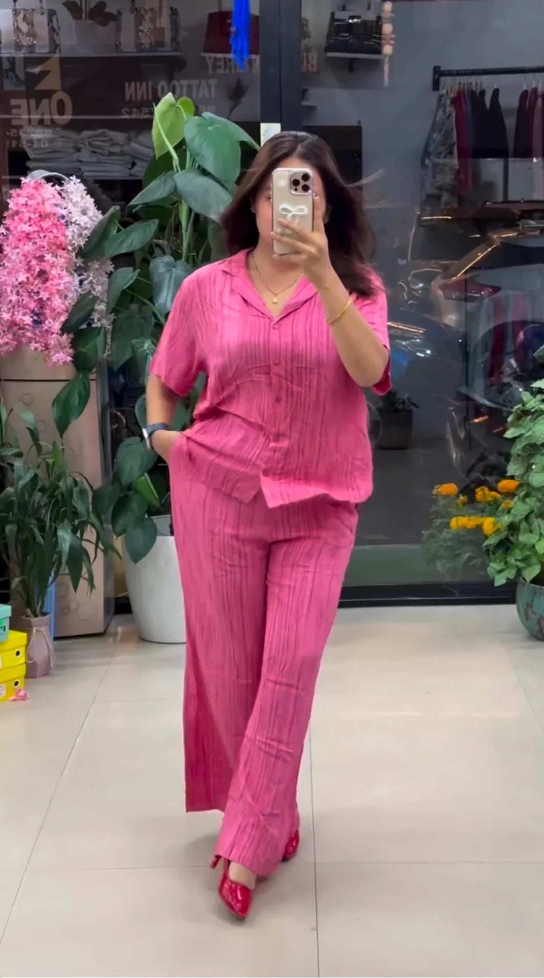 Premium Pure Viscose Natural Crepe Co-ord Set - Pink