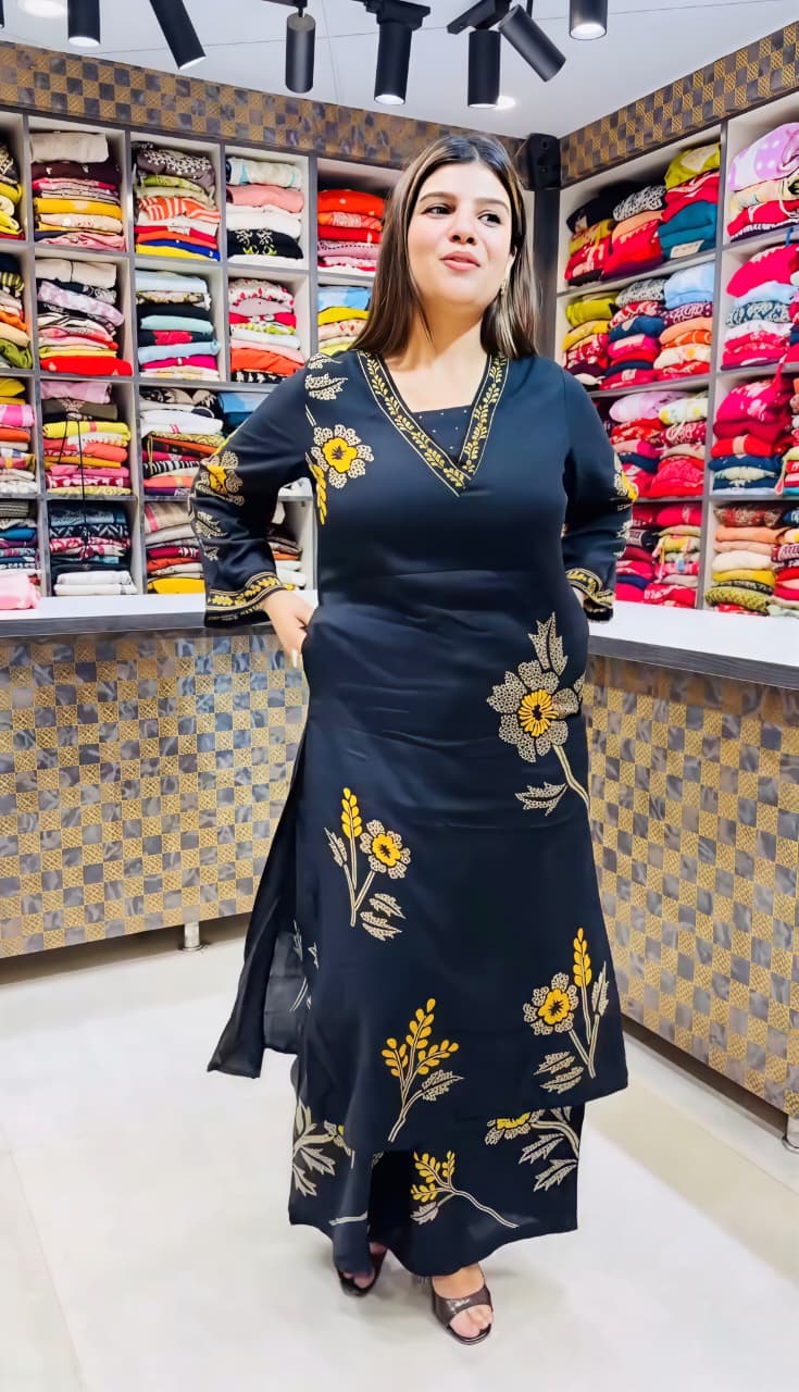 Elegant Black Pure Rayon Floral Kurta Set with Matching Palazzo | V-Neck Ethnic Wear for Women