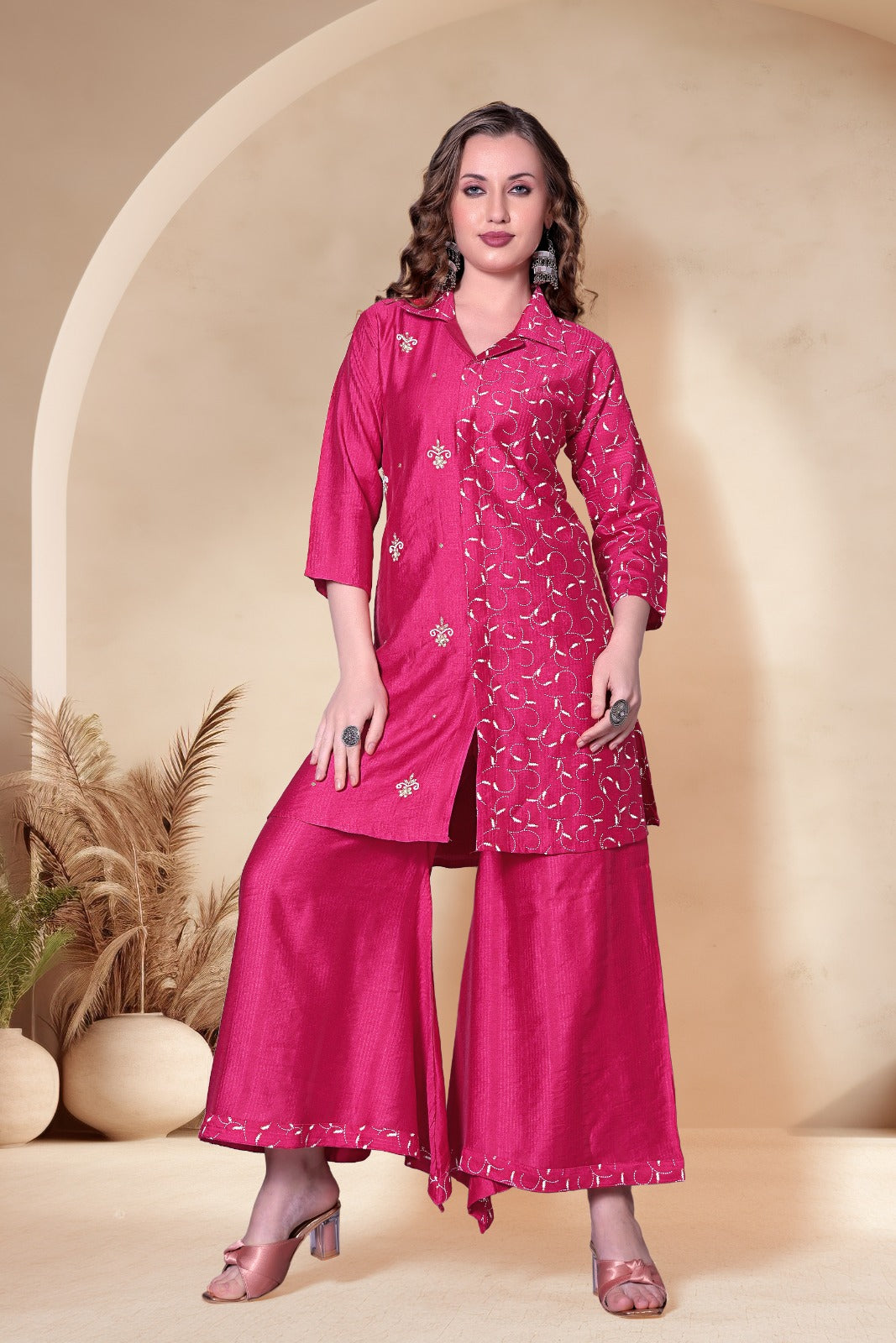 Kavya Rani Pink Embroidered Kurta Palazzo Set