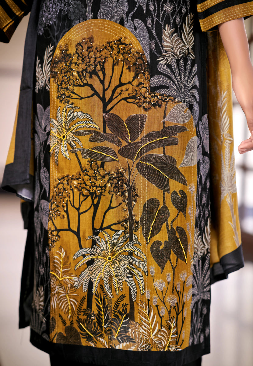 Premium Black & Mustard Pure Viscose Salwar Suit - Digital Forest Print 3-Piece Set