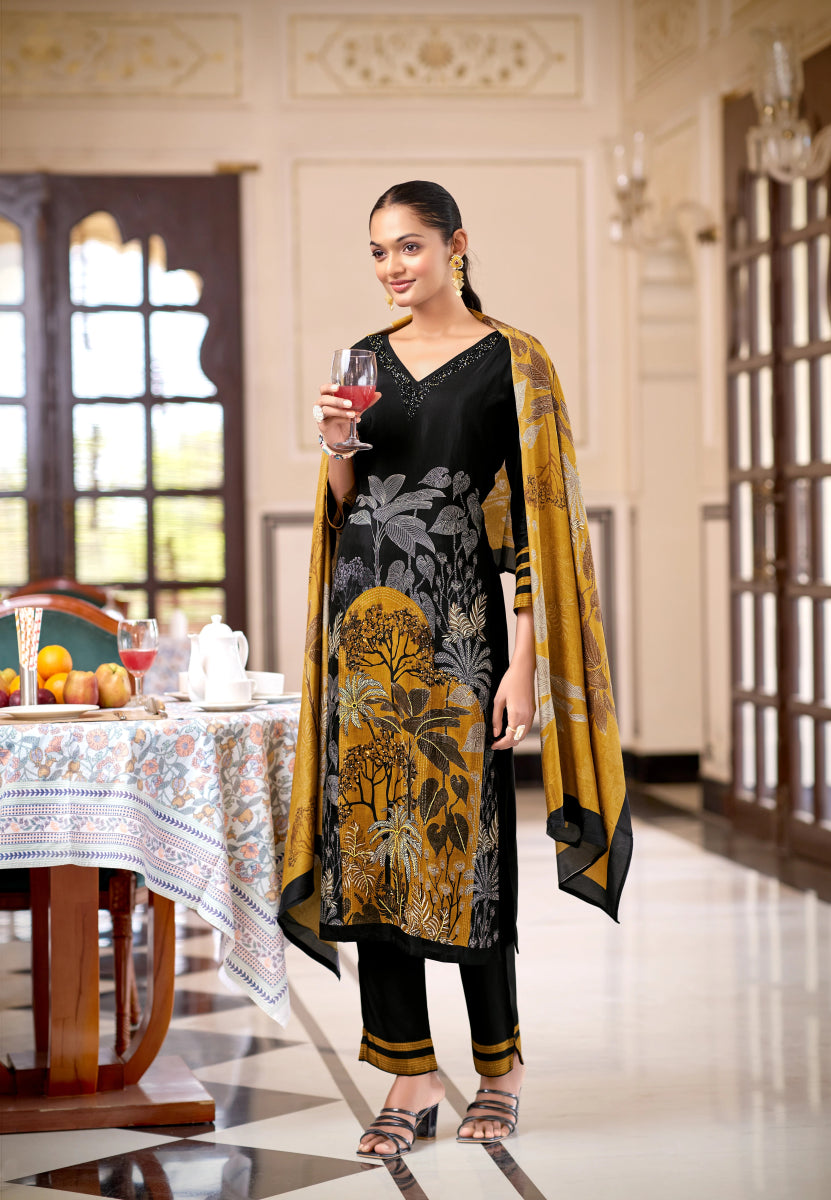 Premium Black & Mustard Pure Viscose Salwar Suit - Digital Forest Print 3-Piece Set