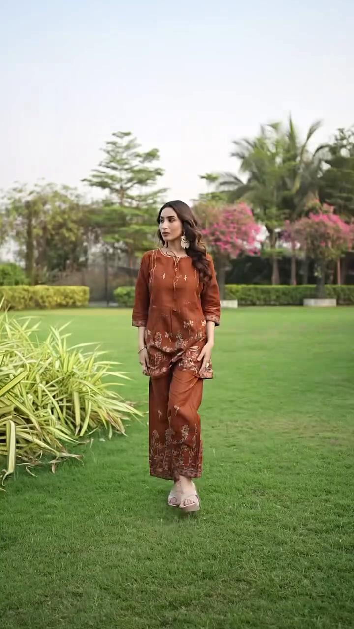 Women's Brown Cotton Co Ord Set For Women