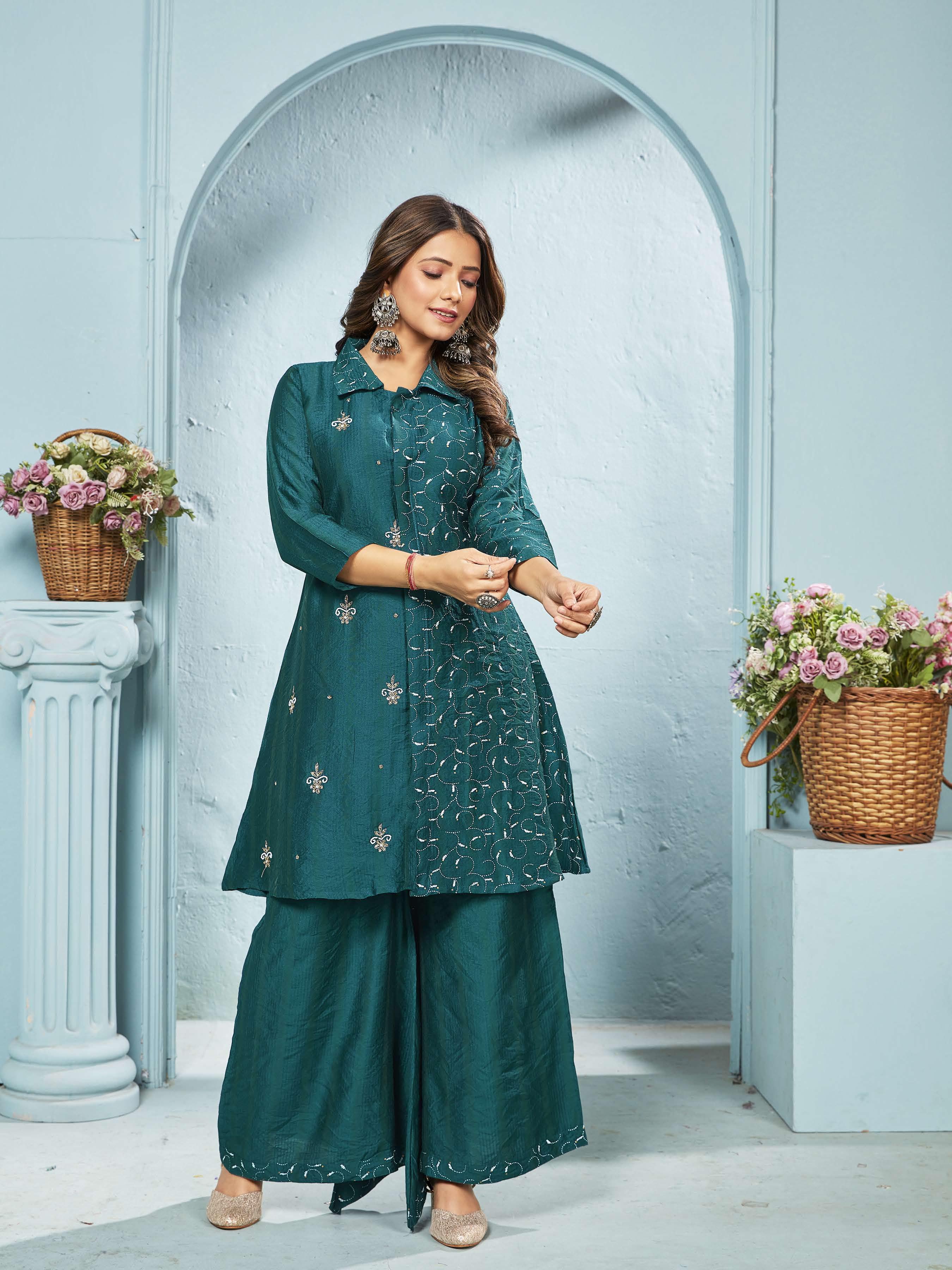 Meera Teal Embroidered Chanderi Suit Set