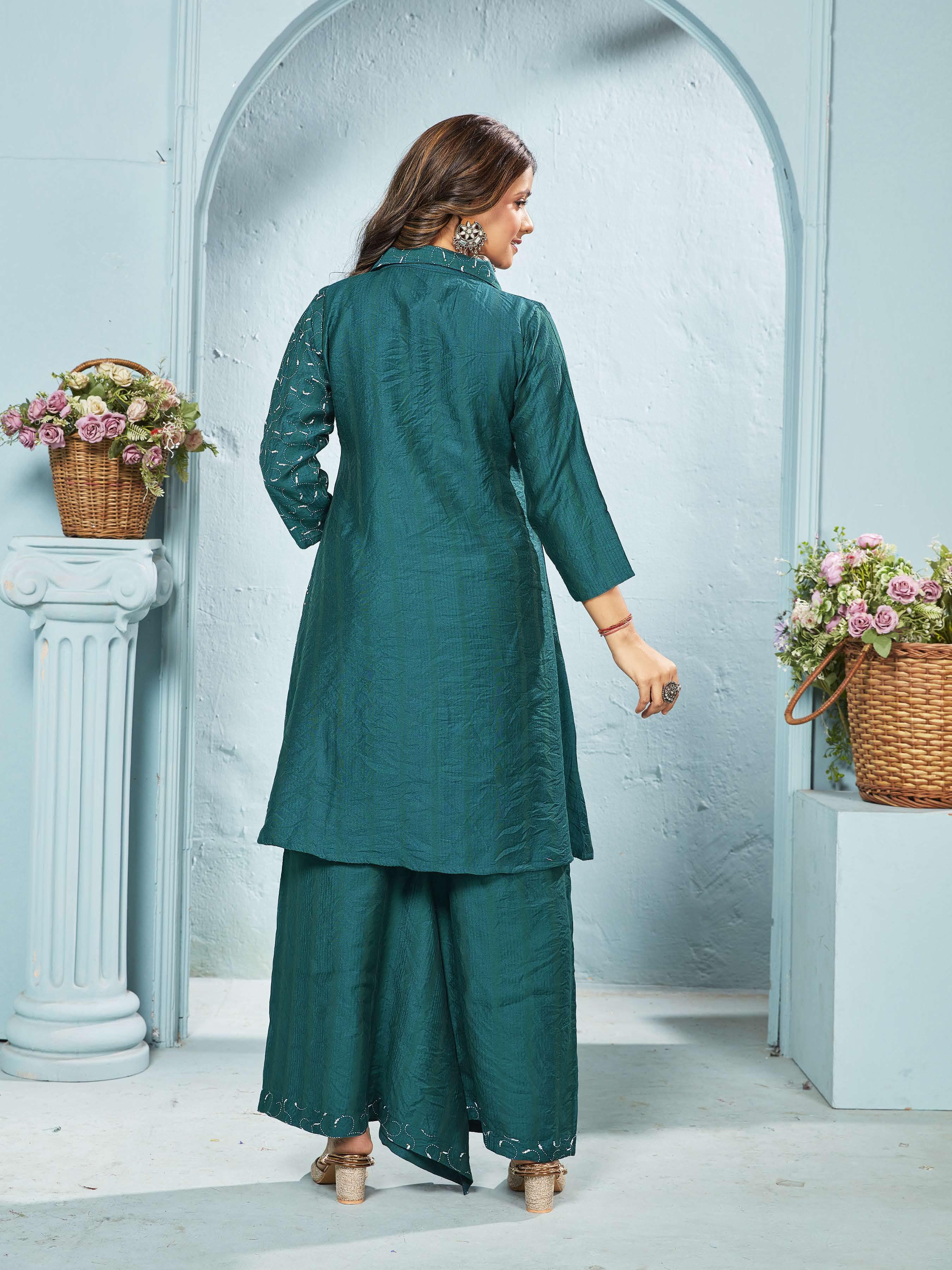 Meera Teal Embroidered Chanderi Suit Set