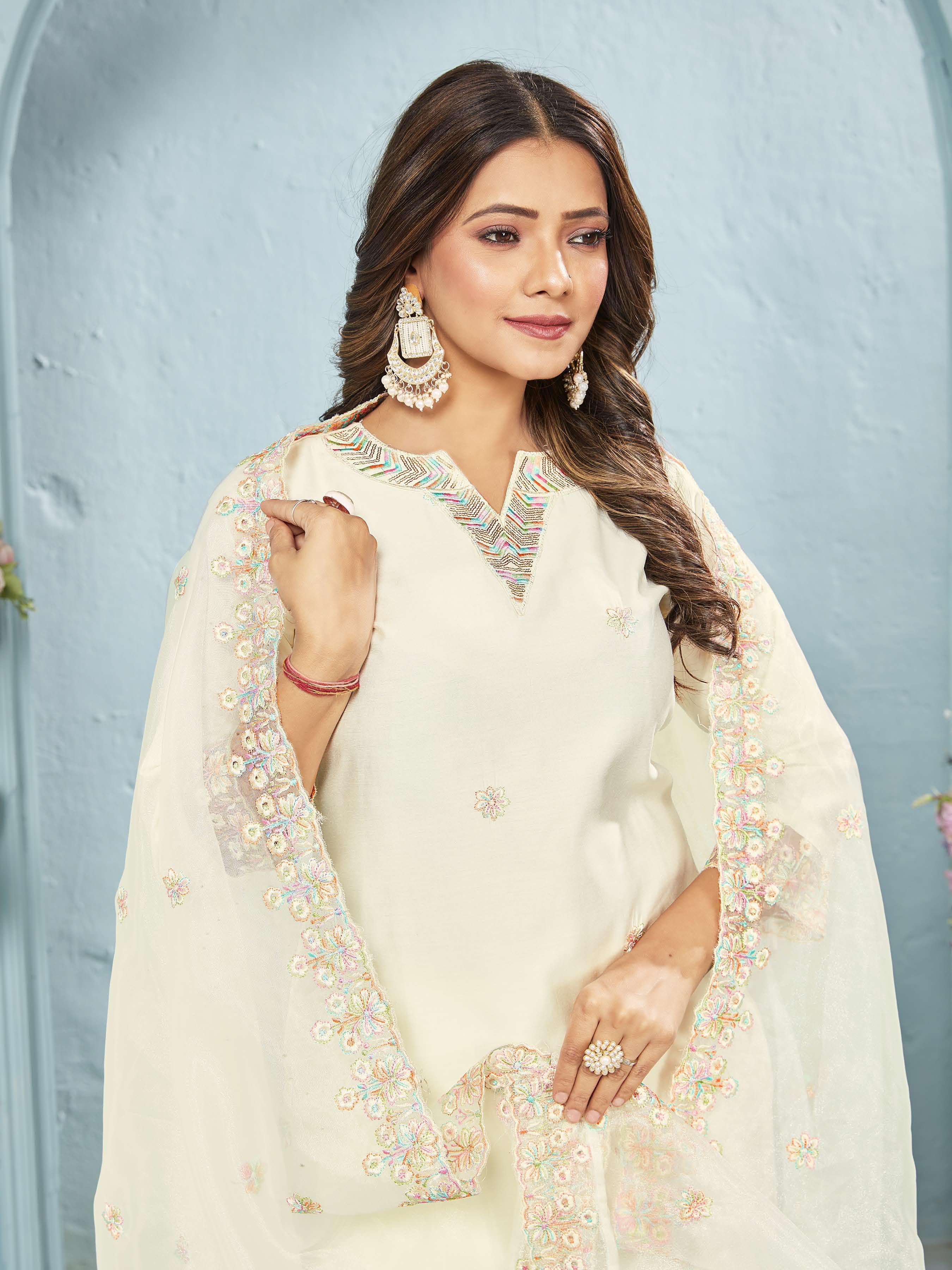 Ananya Ivory Pastel Embroidered Suit Set