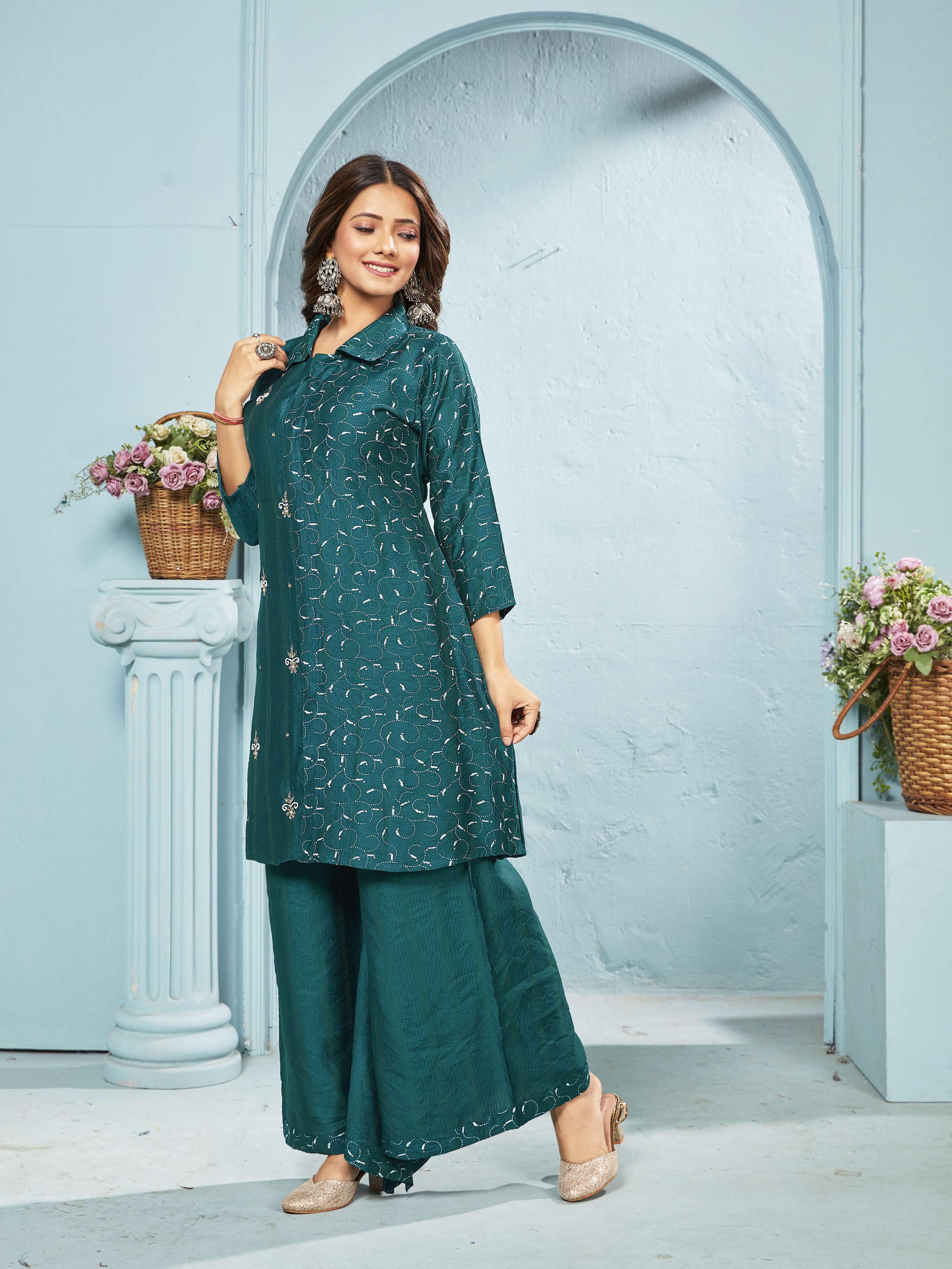 Meera Teal Embroidered Chanderi Suit Set