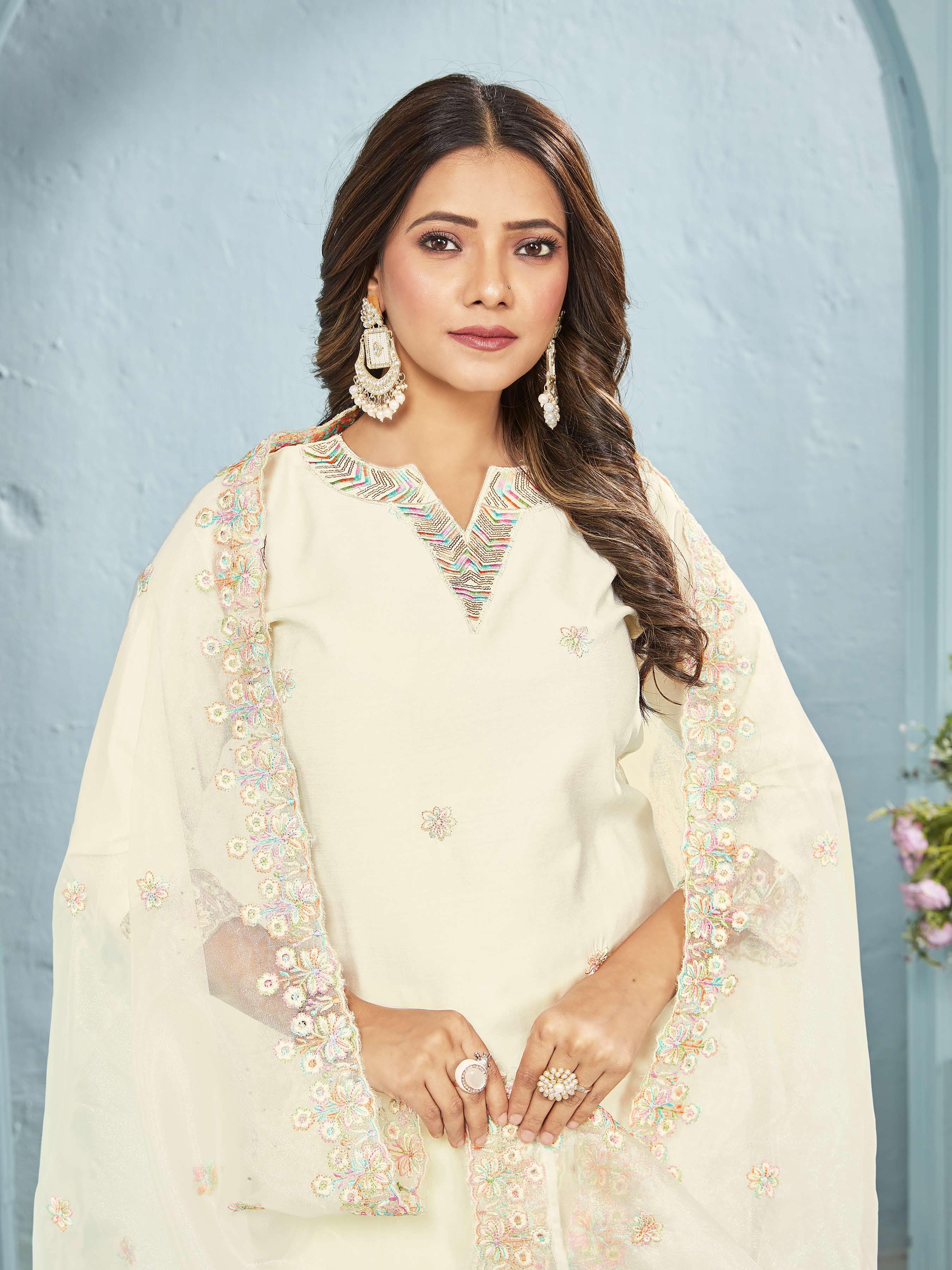 Ananya Ivory Pastel Embroidered Suit Set