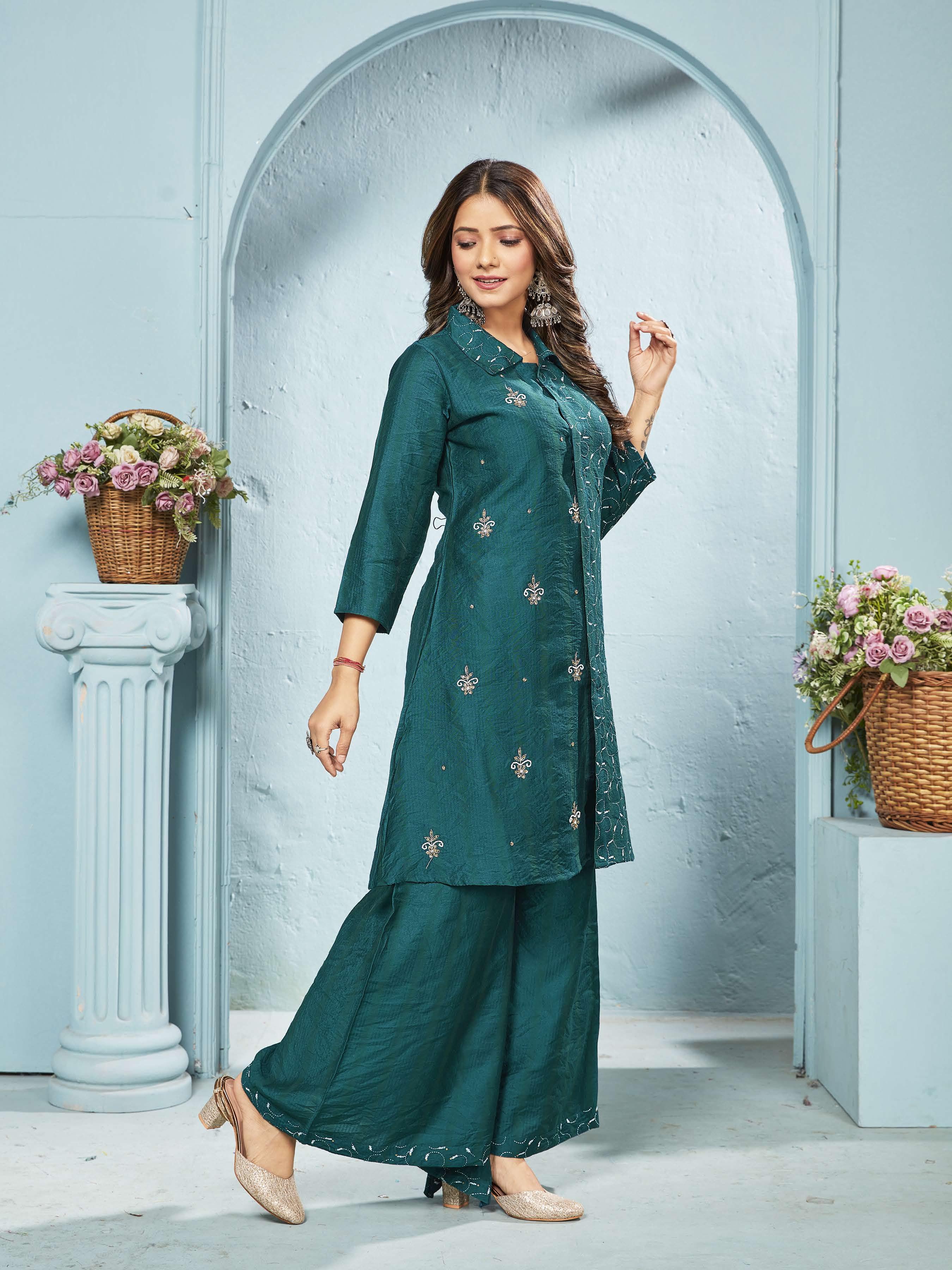 Meera Teal Embroidered Chanderi Suit Set