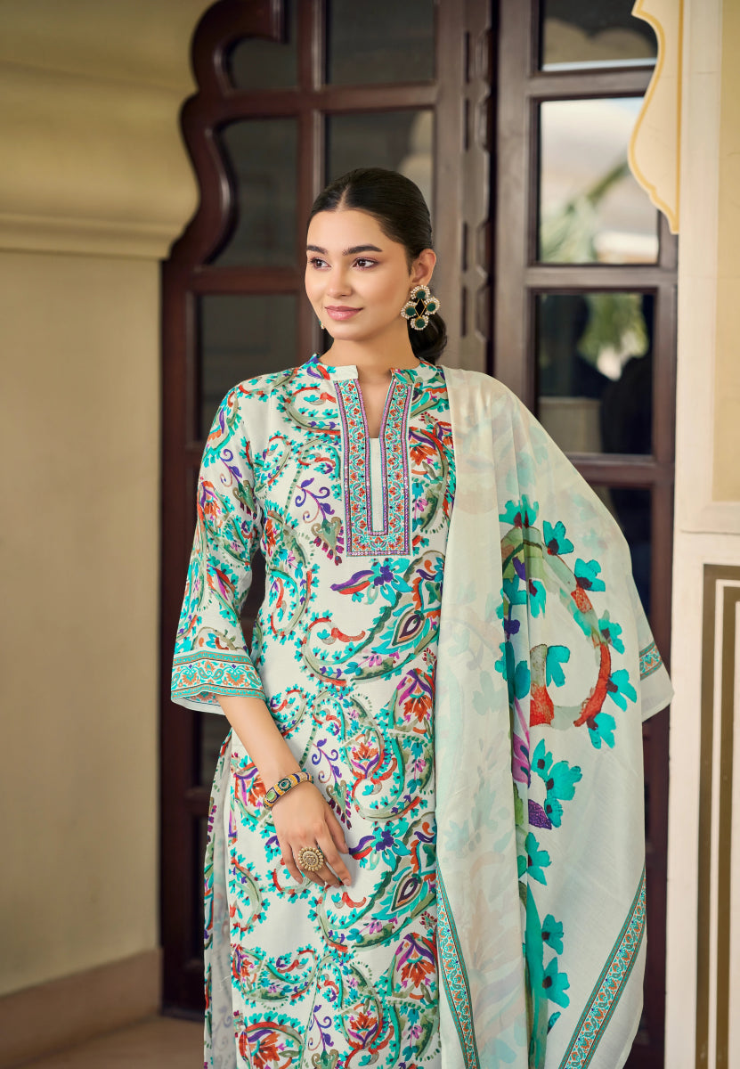 Mango Leaf Designer White Salwar Kameez - Floral Digital Print with Dupatta