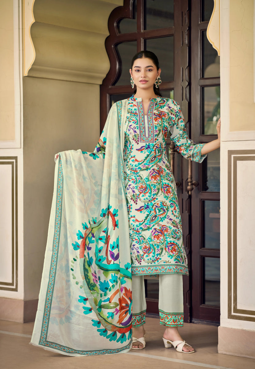 Mango Leaf Designer White Salwar Kameez - Floral Digital Print with Dupatta
