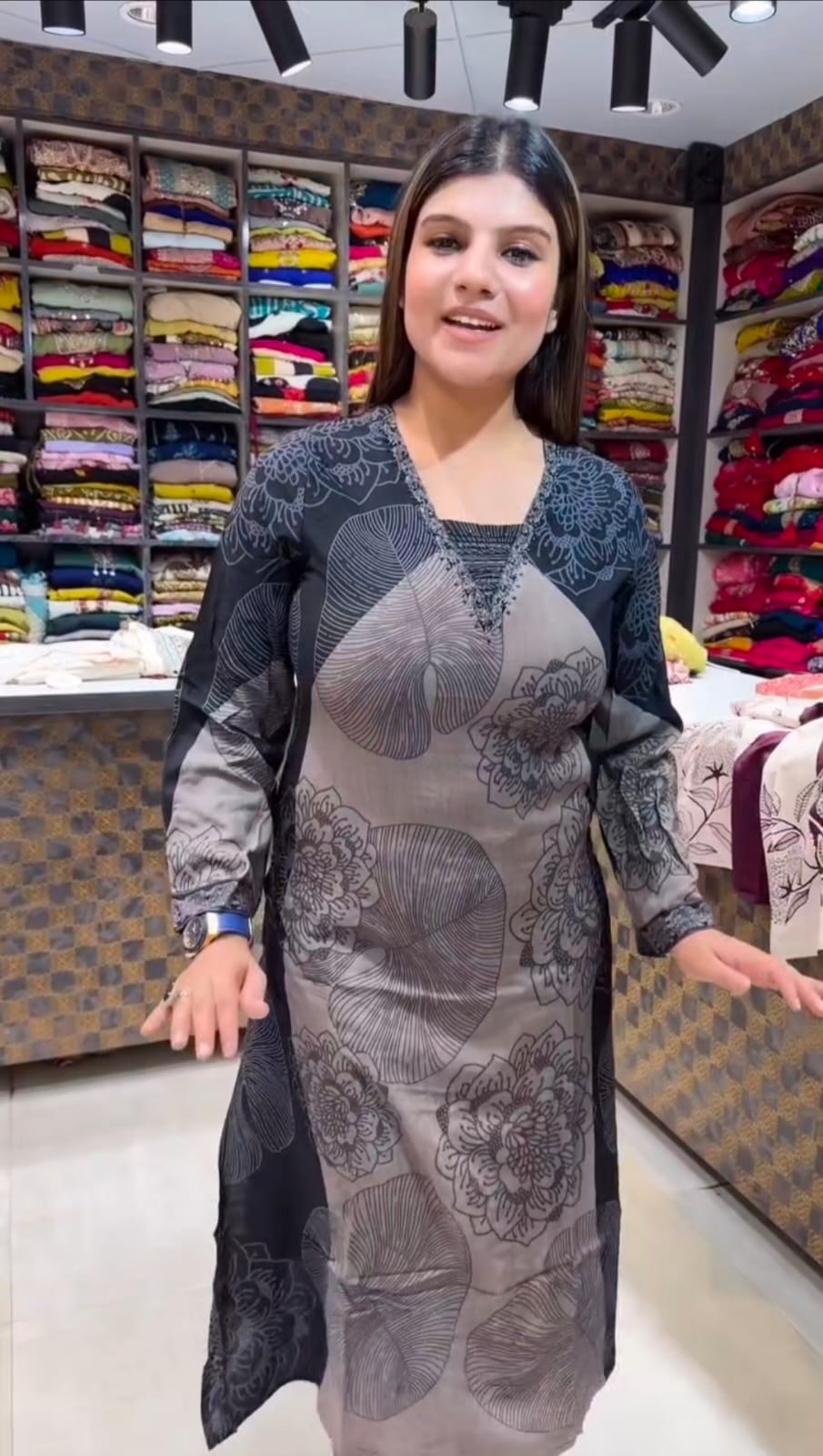 Elegant Black & Grey Floral Print Ethnic Kurti Set – Premium Comfort Wear