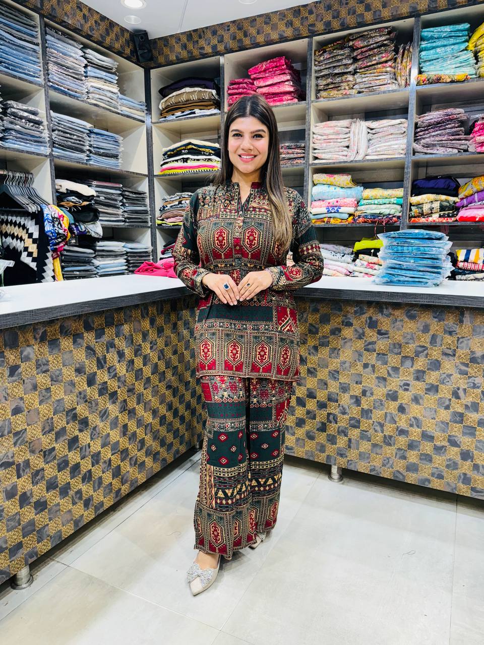 Printed Asymmetric Red And Green Top With Palazzo Set