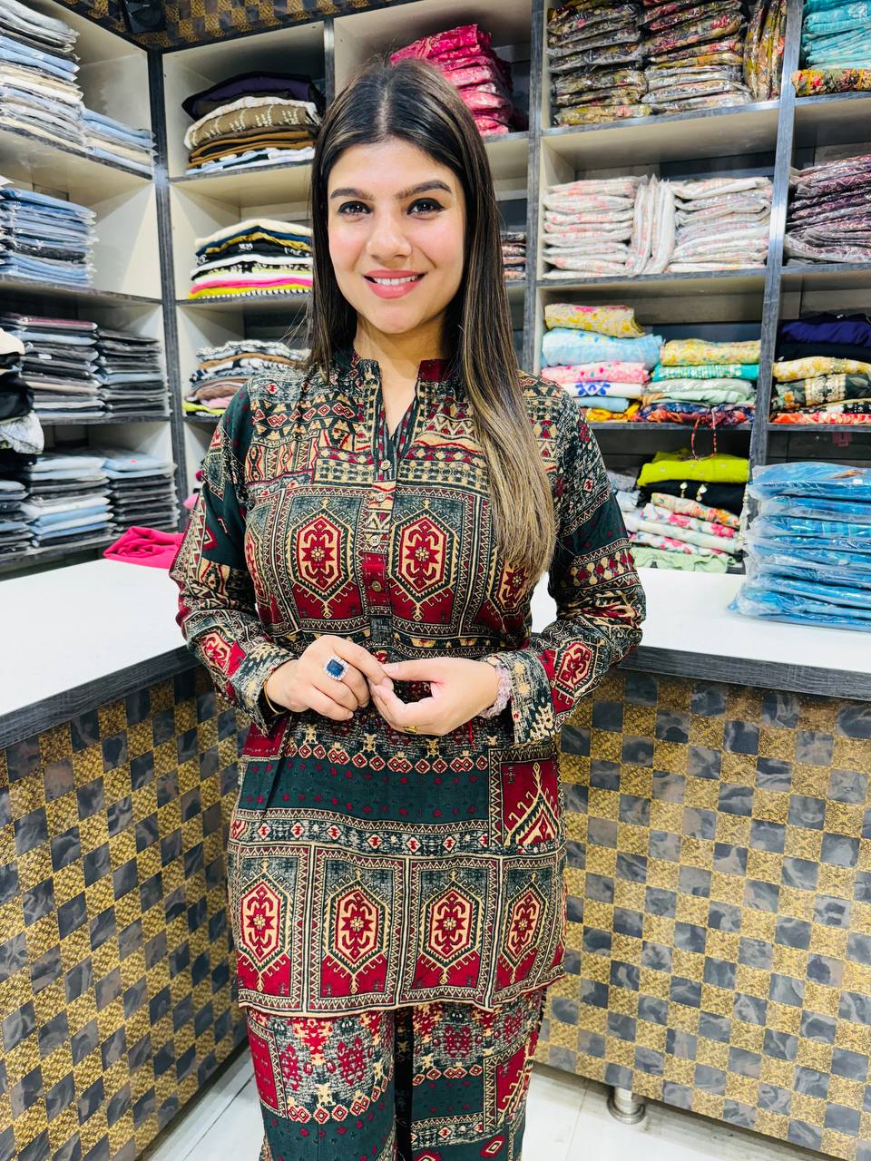 Printed Asymmetric Red And Green Top With Palazzo Set