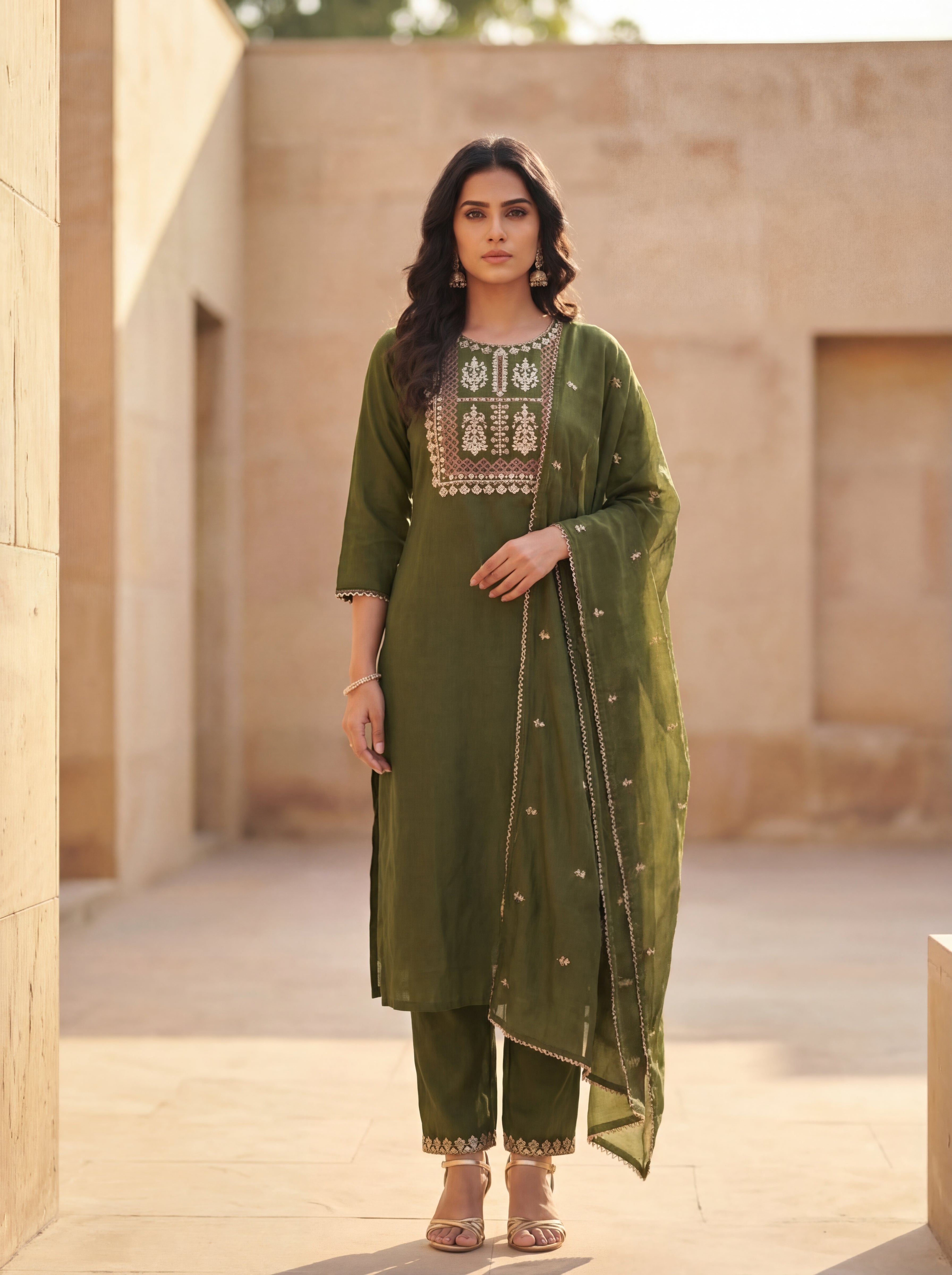 Olive Aura Embroidered Kurta Set with Dupatta