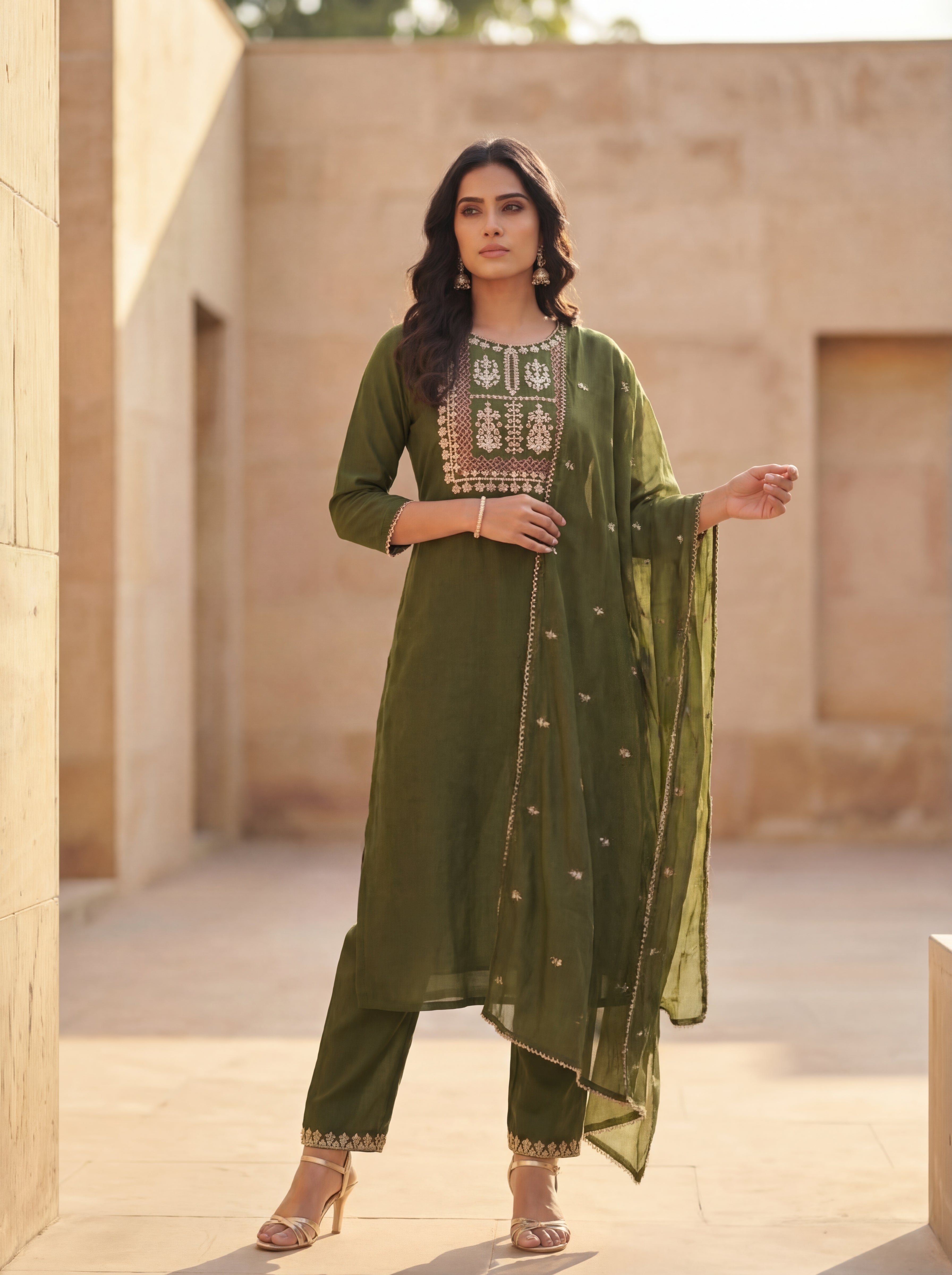Olive Aura Embroidered Kurta Set with Dupatta