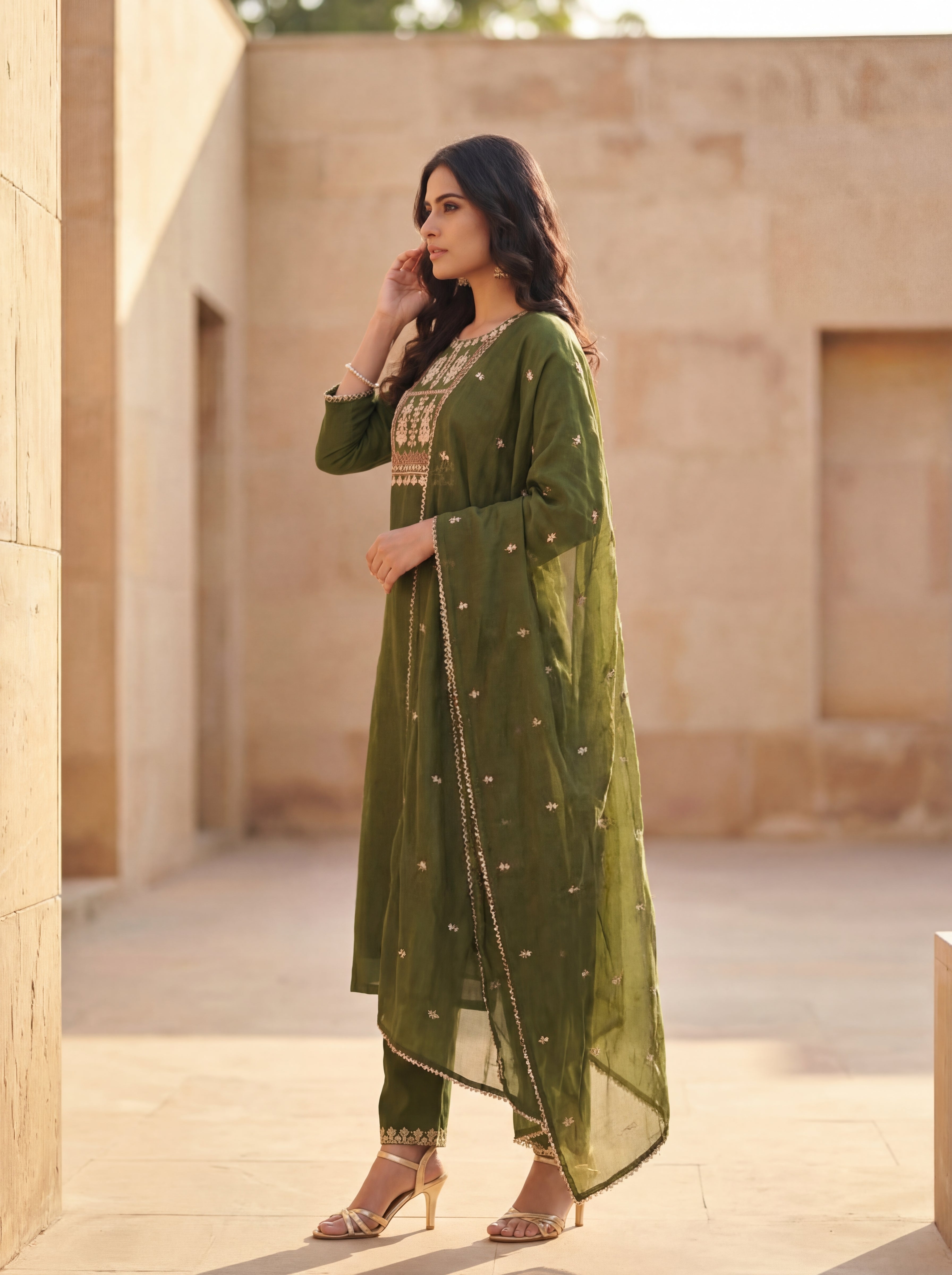 Olive Aura Embroidered Kurta Set with Dupatta