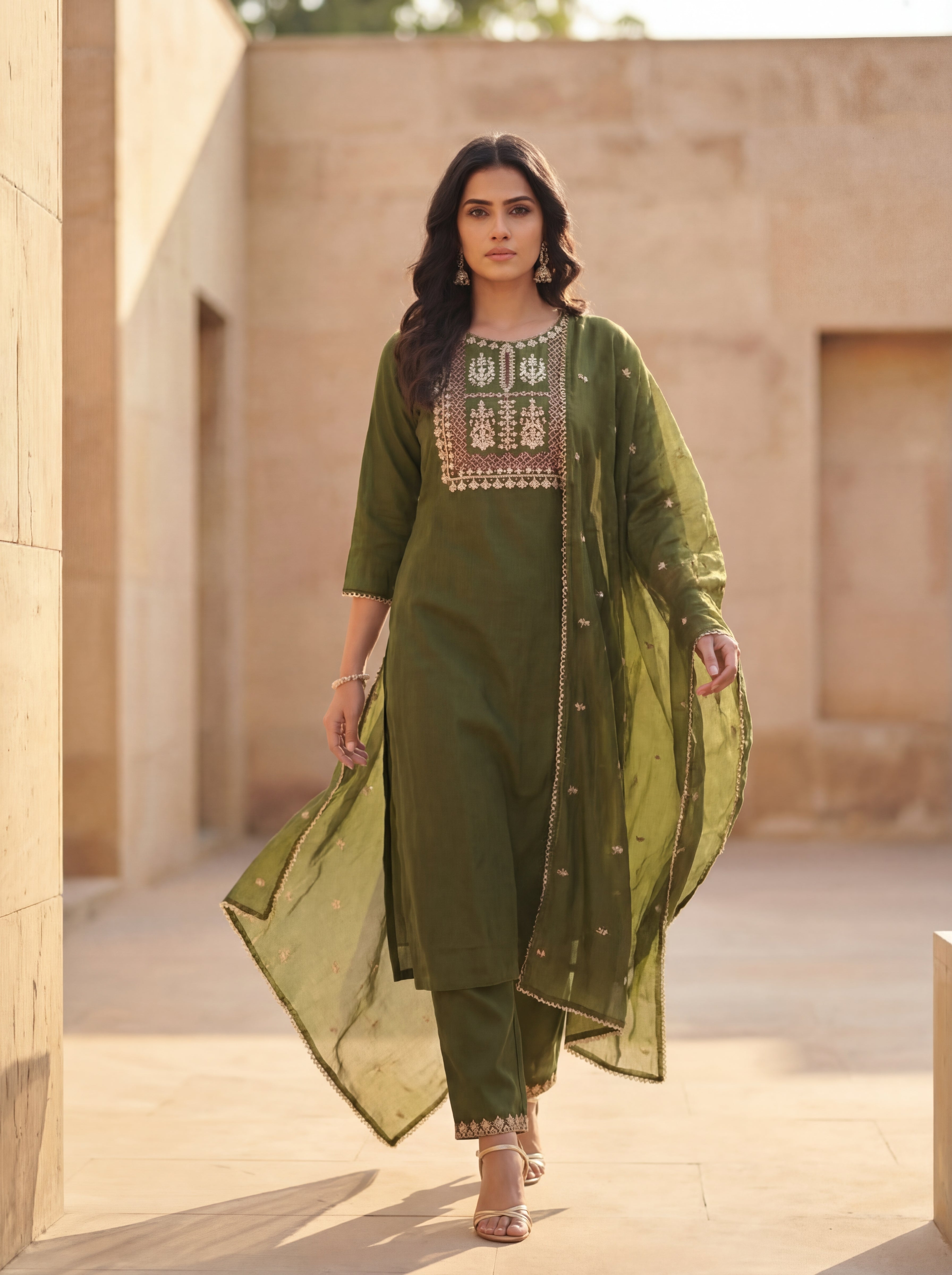 Olive Aura Embroidered Kurta Set with Dupatta