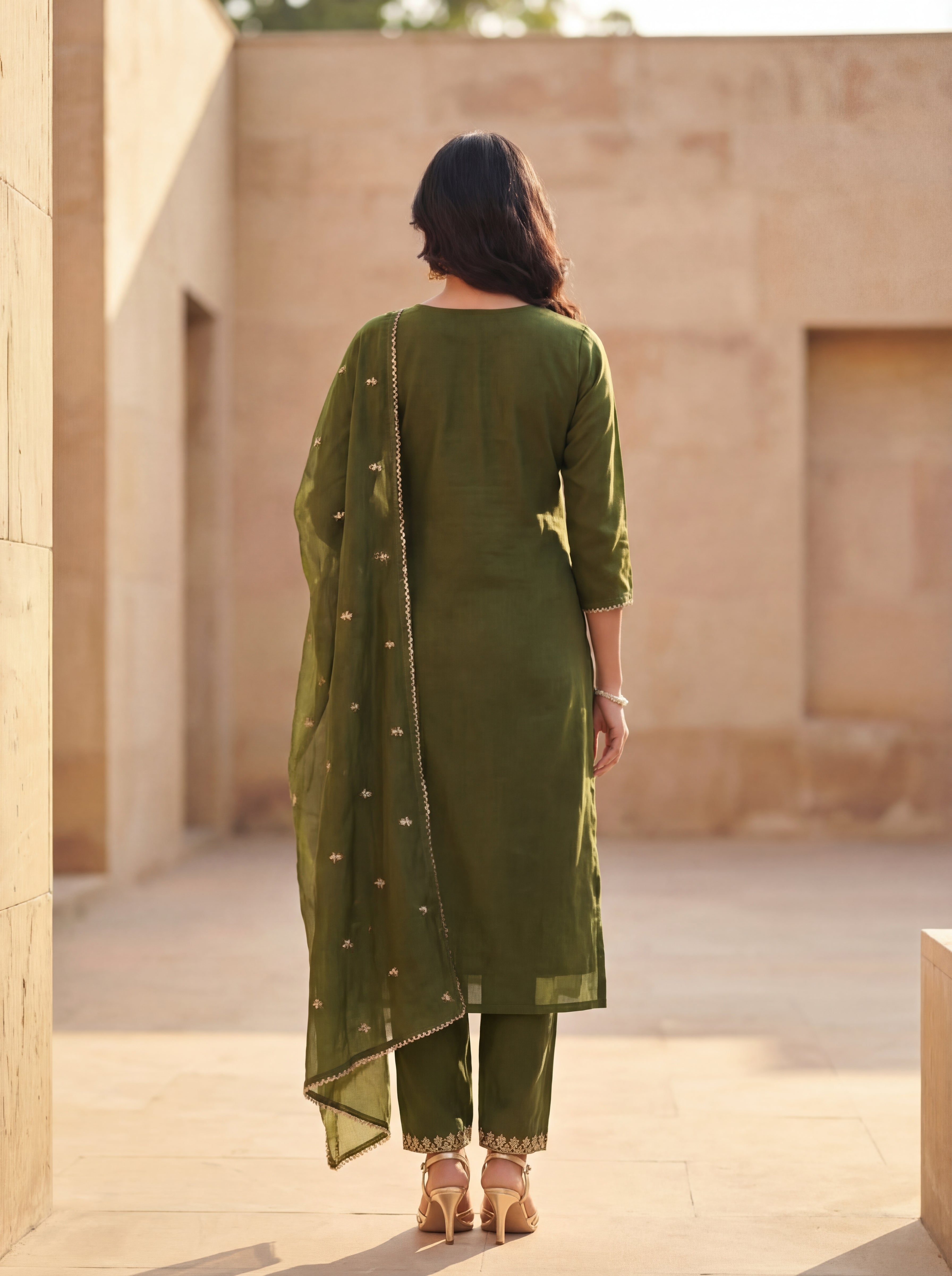 Olive Aura Embroidered Kurta Set with Dupatta