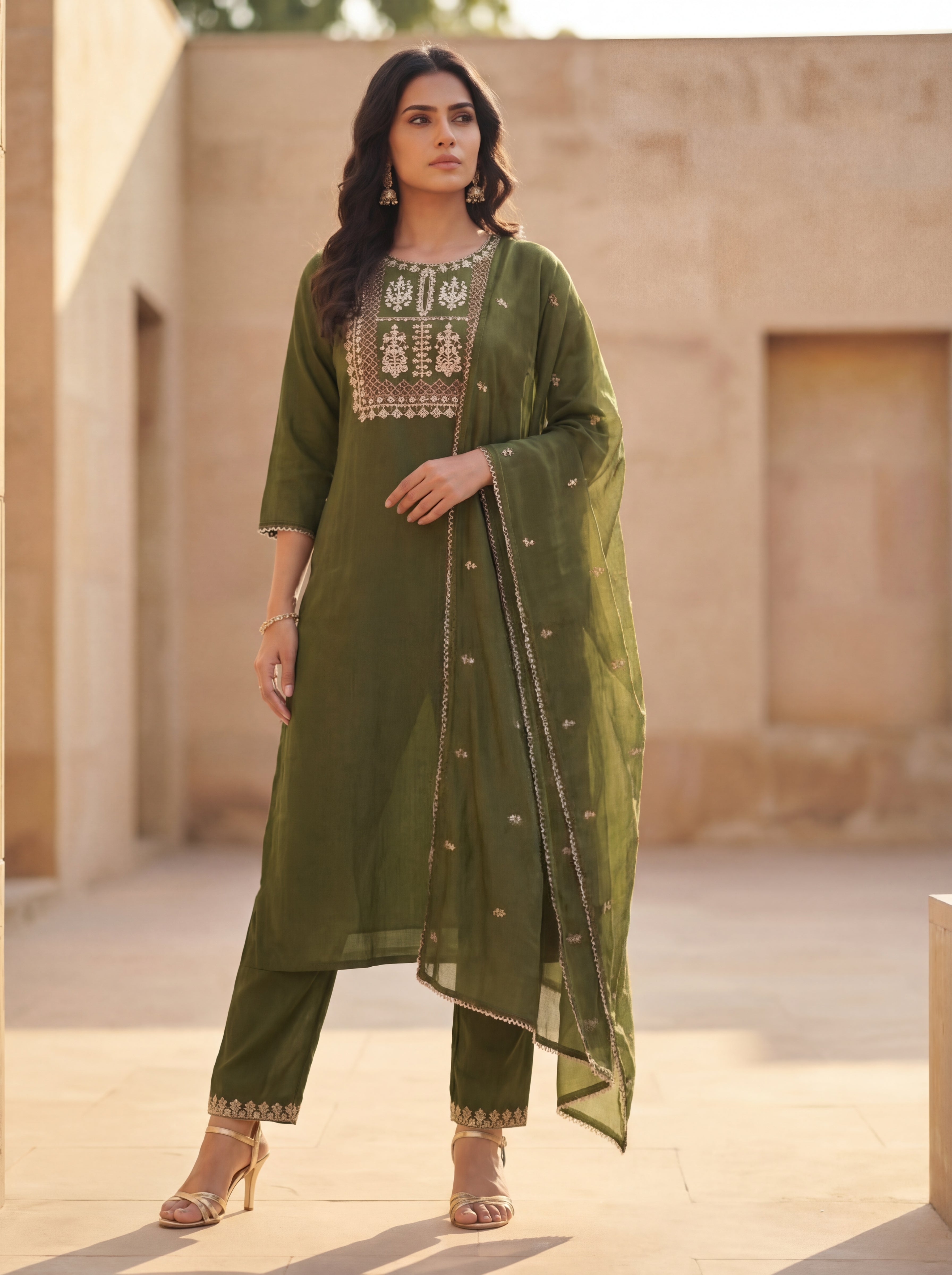 Olive Aura Embroidered Kurta Set with Dupatta